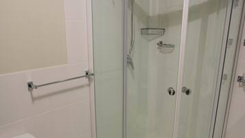 A modern bathroom with a glass-enclosed shower, a toilet, and a glass shower door.