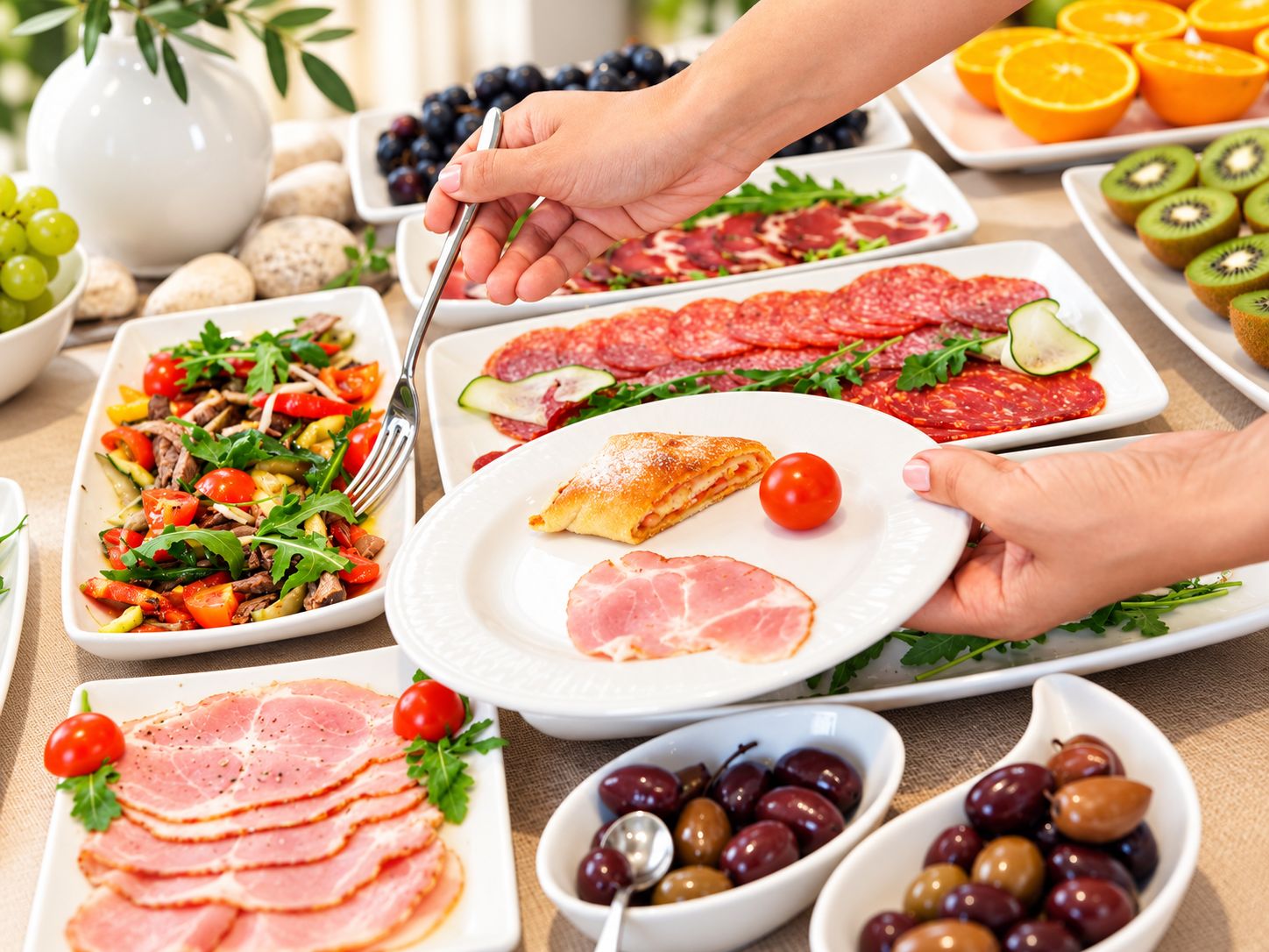 Una varietà di cibi su un tavolo, tra cui prosciutto a fette, olive e un'insalata.