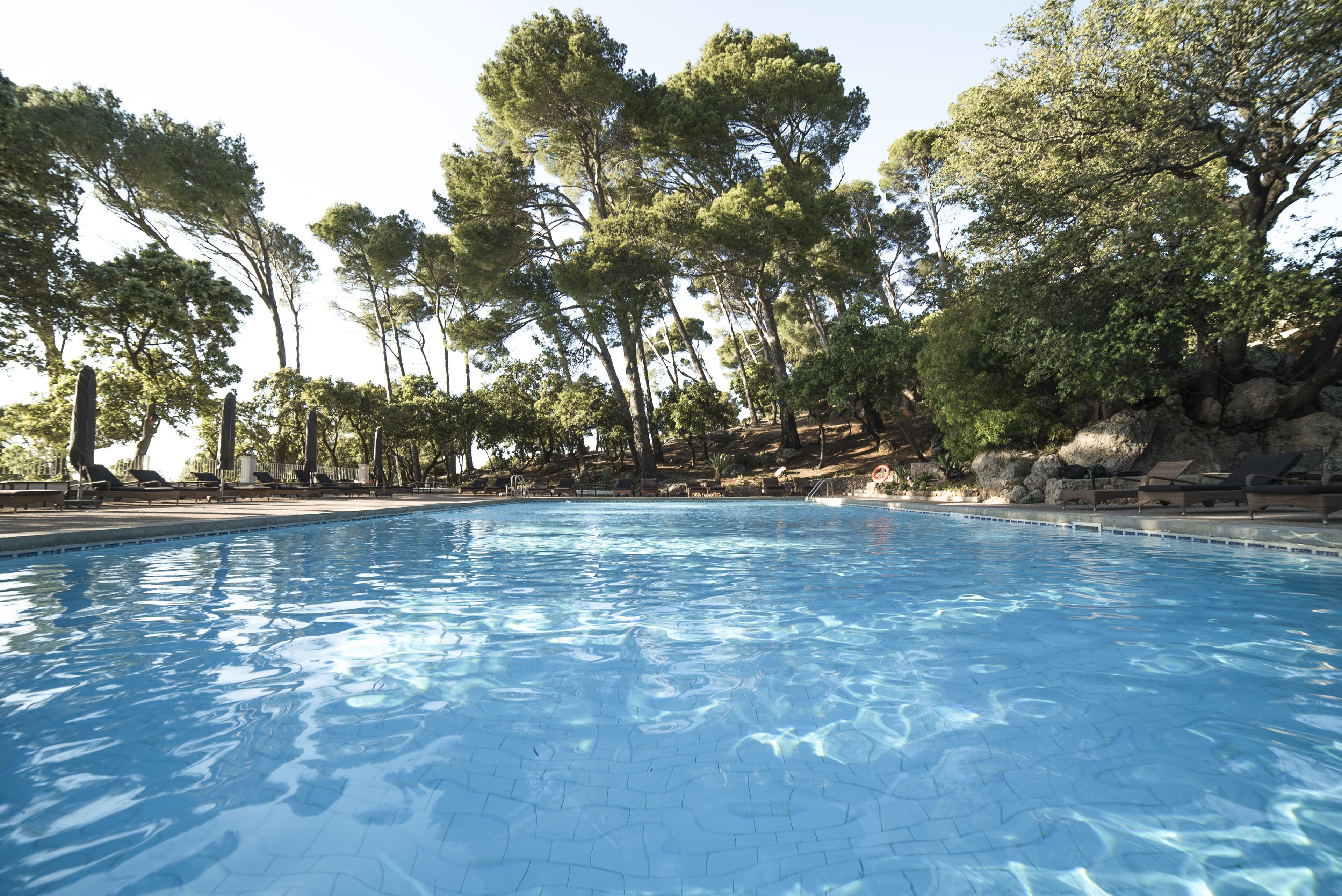 Una piscina con suelo de baldosas, rodeada de árboles y rocas.