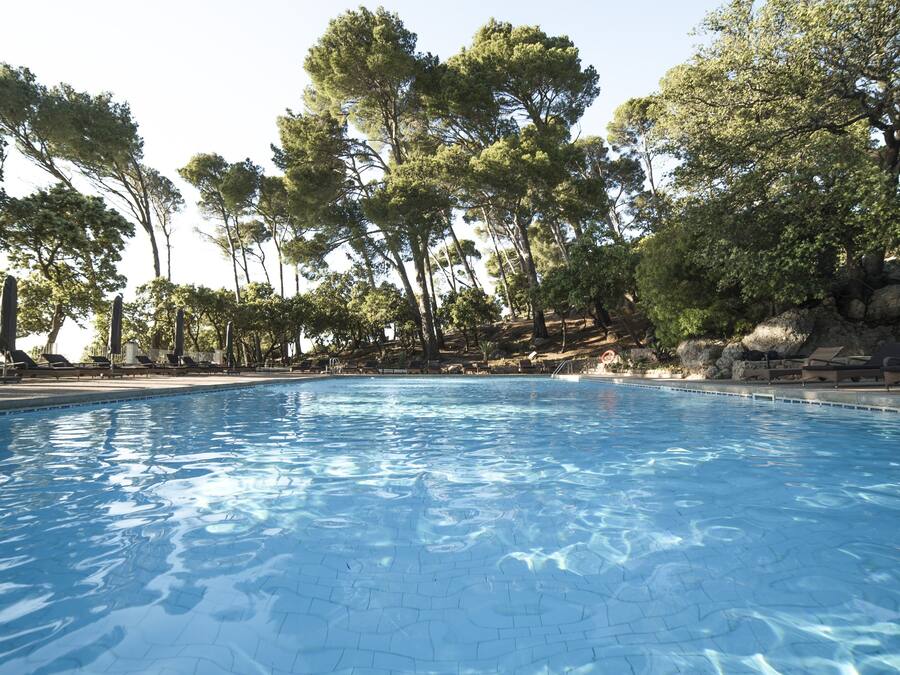 Una piscina con suelo de baldosas, rodeada de árboles y rocas.