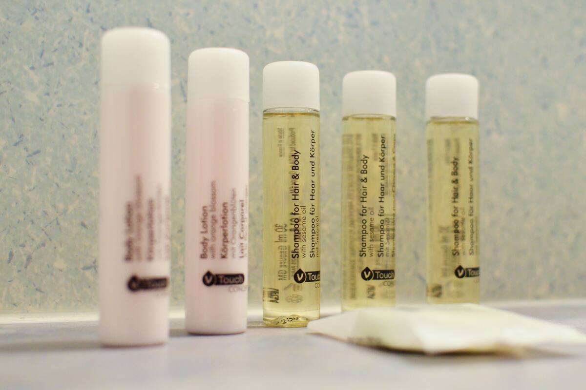 free toiletries, hair dryer, towels