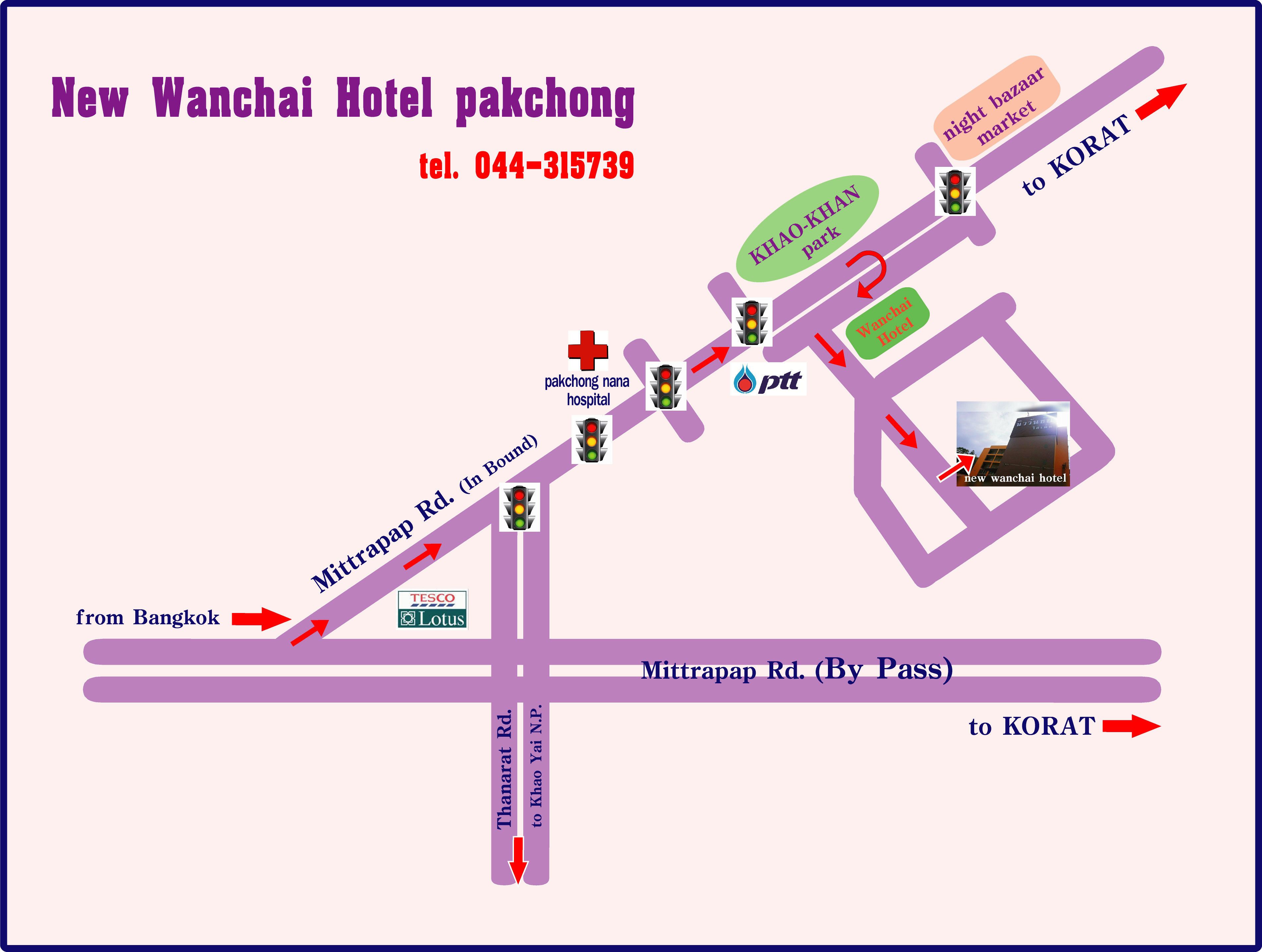 A map of New Wanchai Hotel Pakhong with key locations like Khao-Khan Park, a light bazaar market, and a view of the hotel.