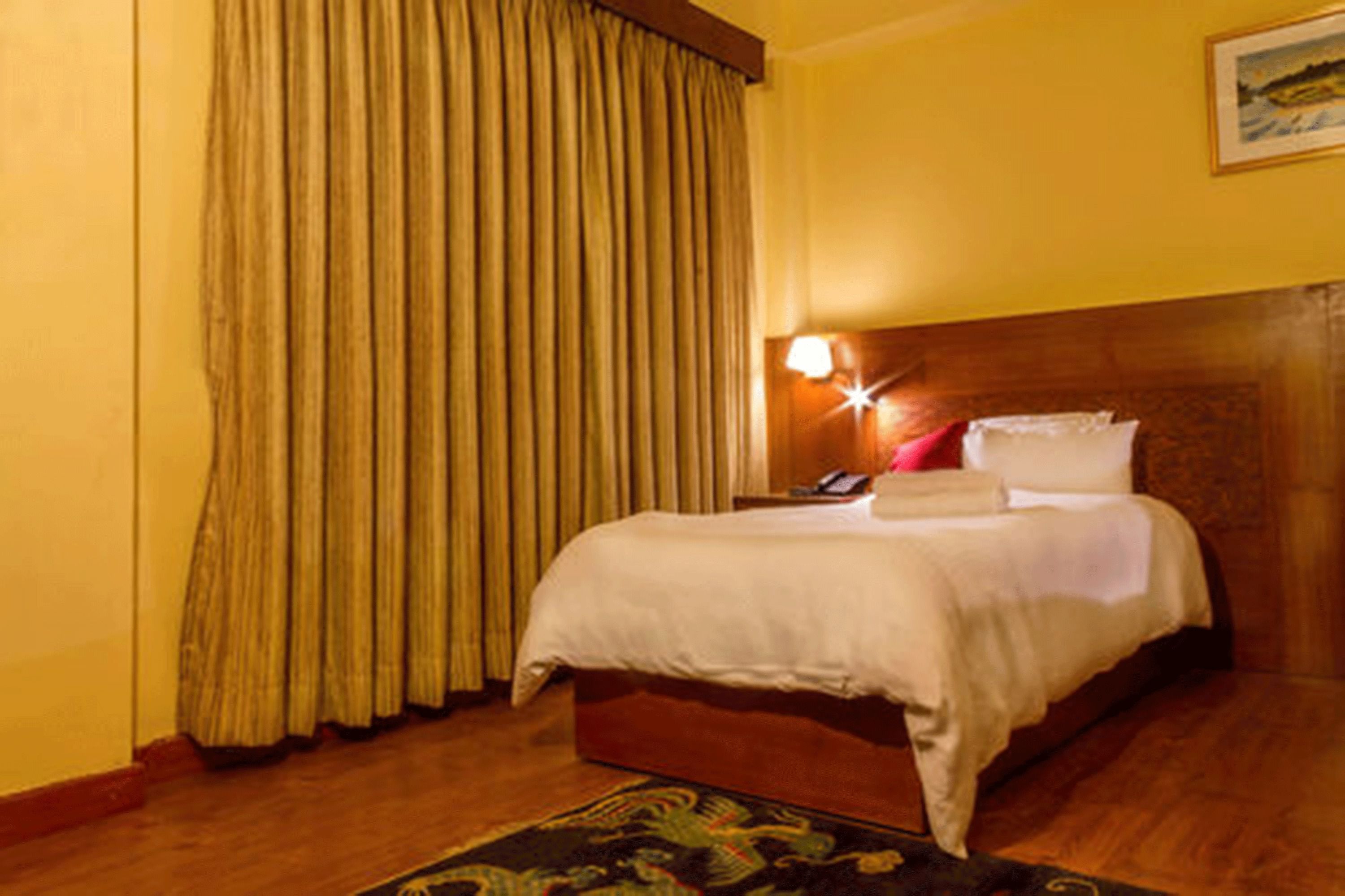 Une chambre d’hôtel avec un lit, des rideaux, une table de chevet, une lampe et un tapis.