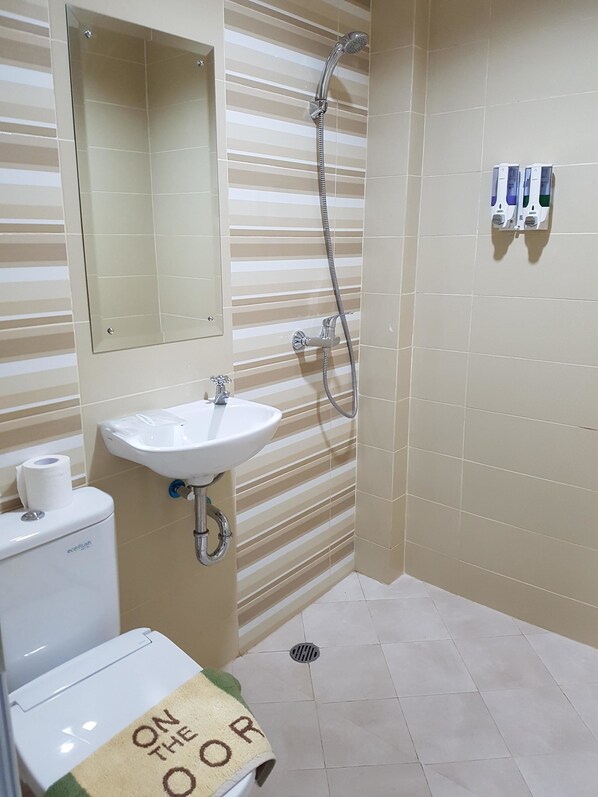 A bathroom with a white sink, a mirror, a shower, and a toilet.
