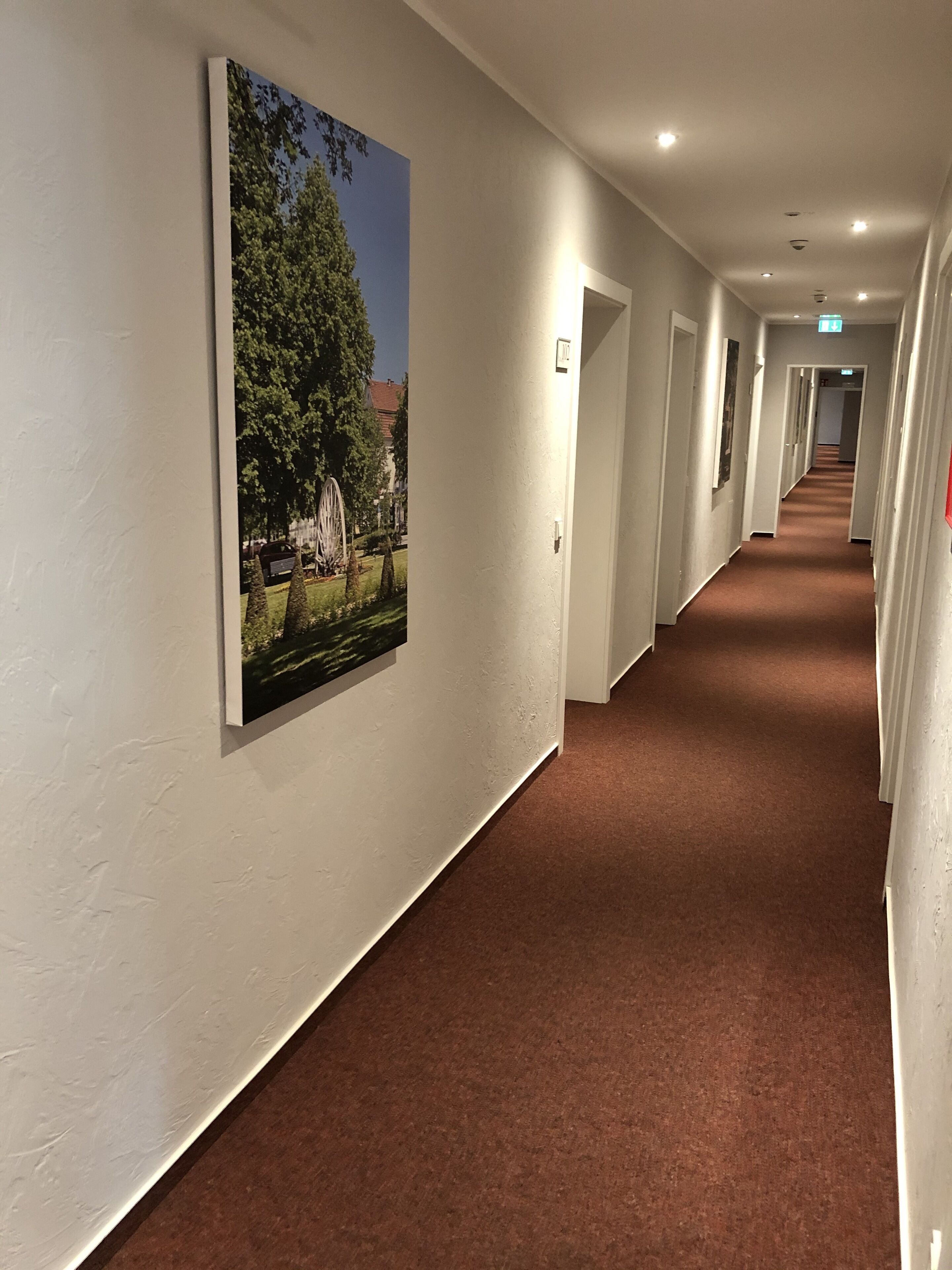 A long, narrow hallway with a brown carpet, white walls, and a large outdoor scene photograph on the left wall.