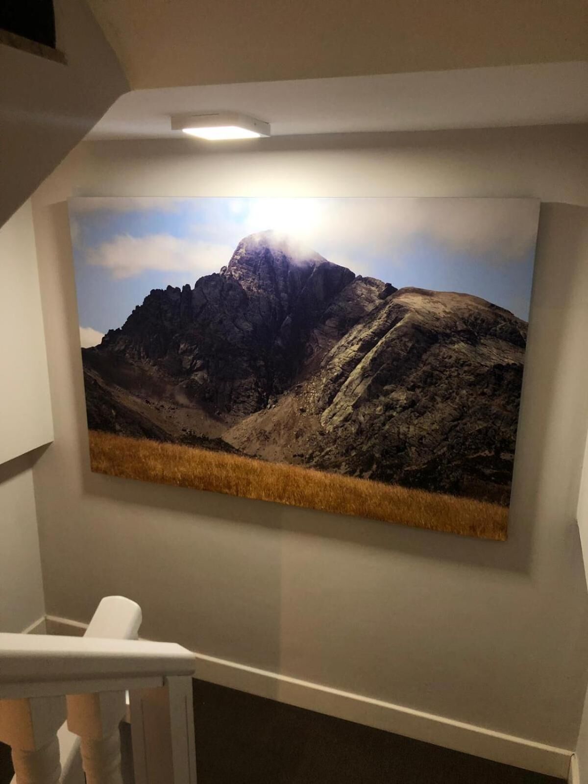 Un quadre de paisatge de muntanya penjat a la paret d'una habitació amb barana blanca i llum al sostre.