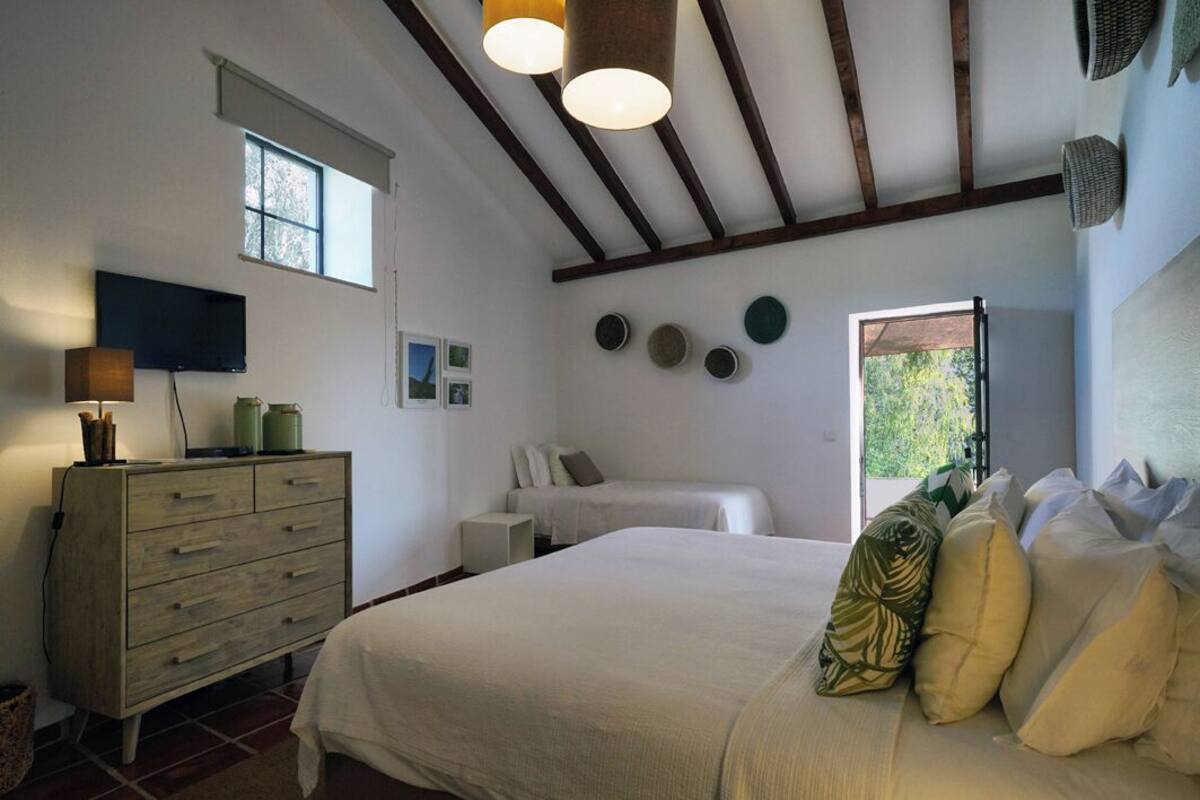 A bedroom with a large bed, a dresser, a television, and a window.