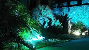 A nighttime view of a building with illuminated palm trees and a stone wall. - Castello di Pavone (Pavone Canavese)