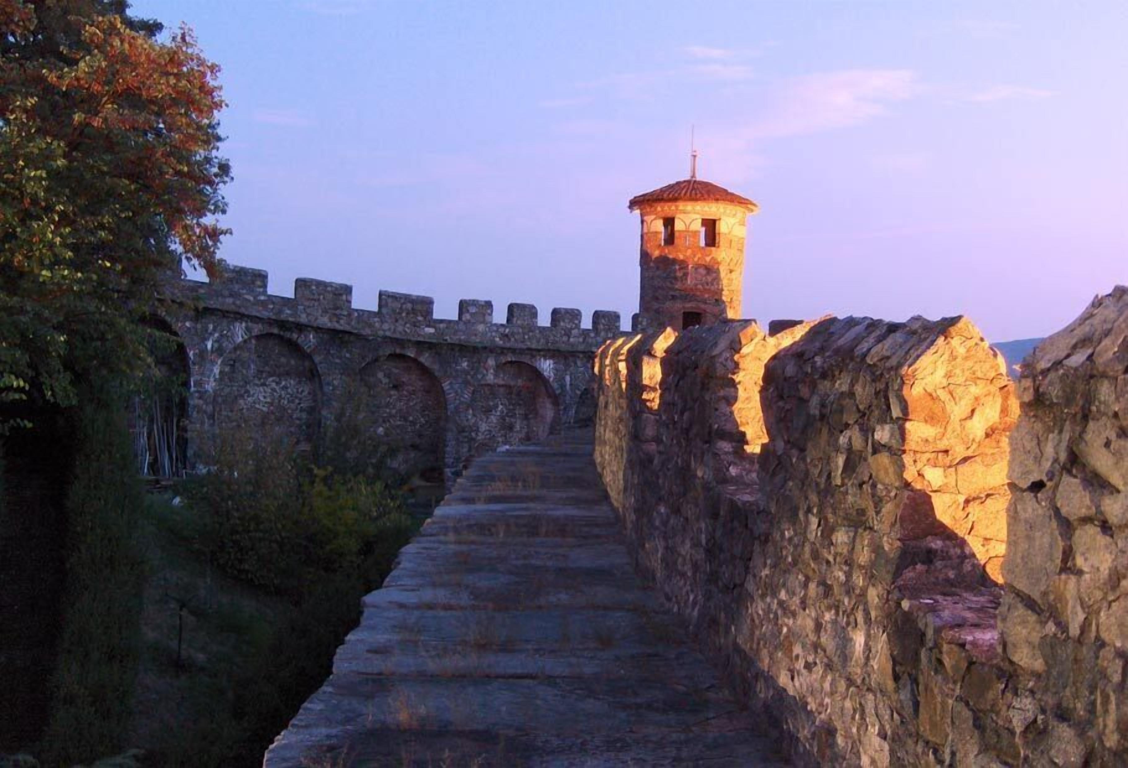Un sendero de piedra que conduce a una torre con almenas y arcos.