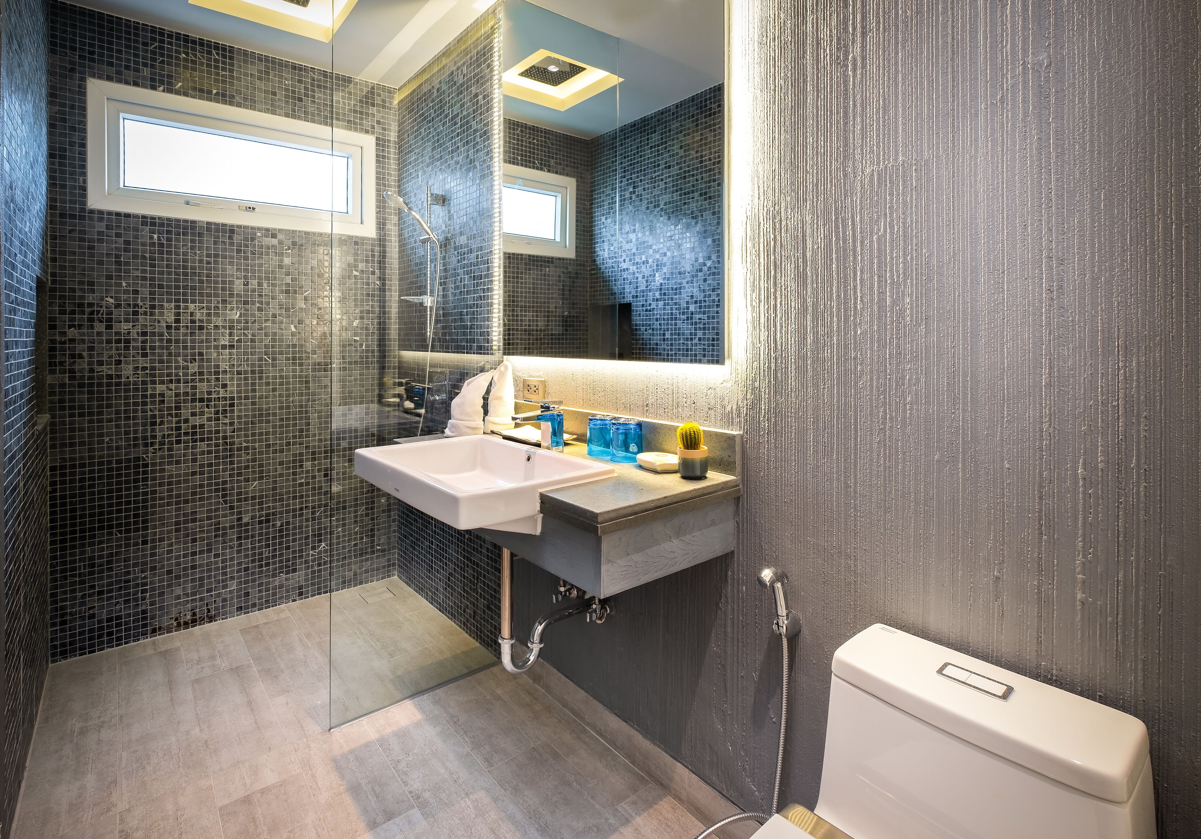 A modern bathroom with a glass shower enclosure, a white sink, and a toilet.