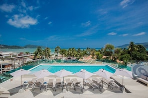 Outdoor pool, pool umbrellas, pool loungers