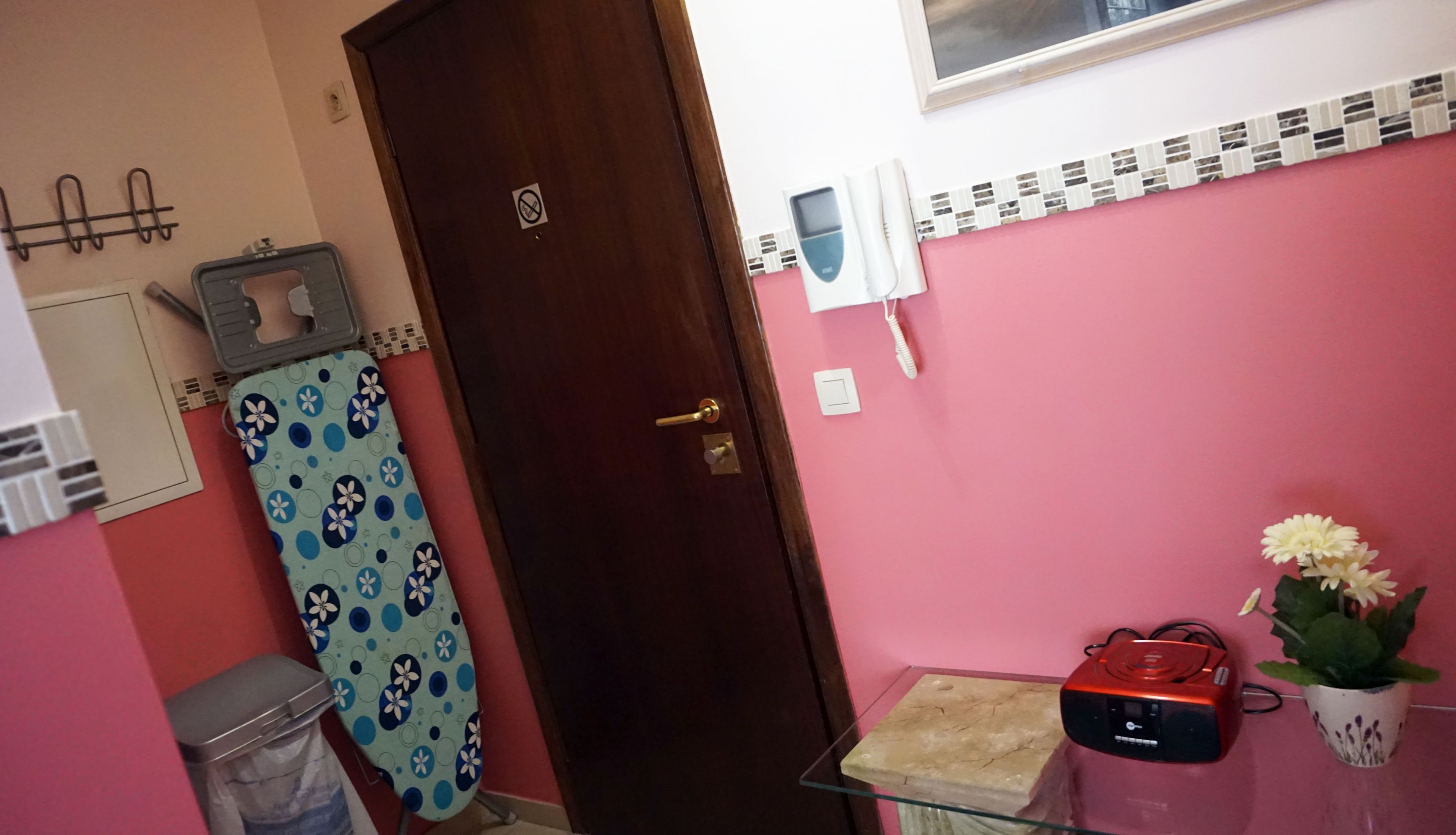 Une salle de bain avec un mur rose, une porte en bois, un tapis de douche bleu à motifs, une poubelle, une étagère en verre avec une radio et une plante en pot.