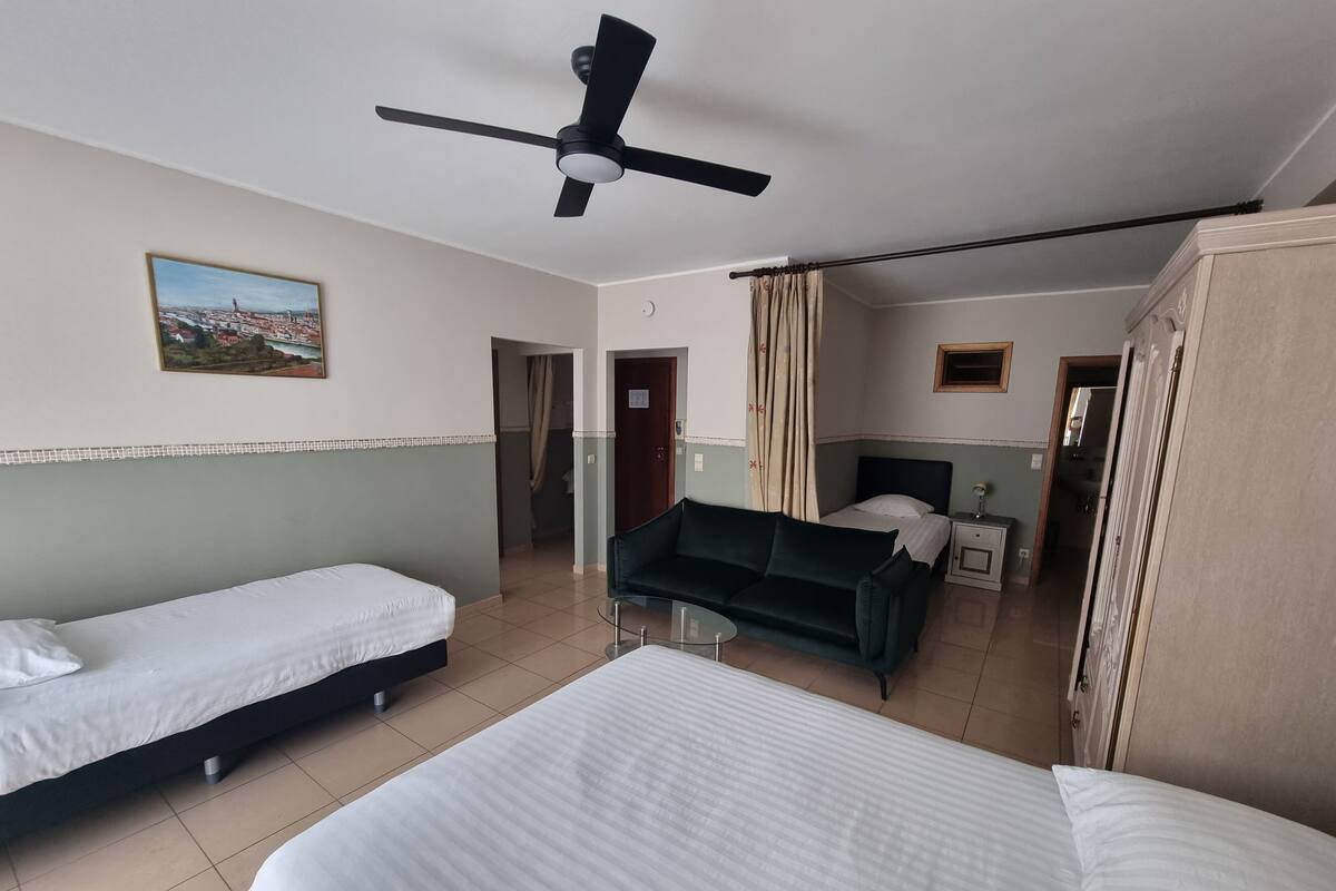 Habitación de hotel con dos camas individuales, un sofá, un ventilador de techo, un cuadro y vistas a la ciudad.