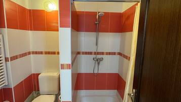 A bathroom with a toilet, a bathtub, and a shower.