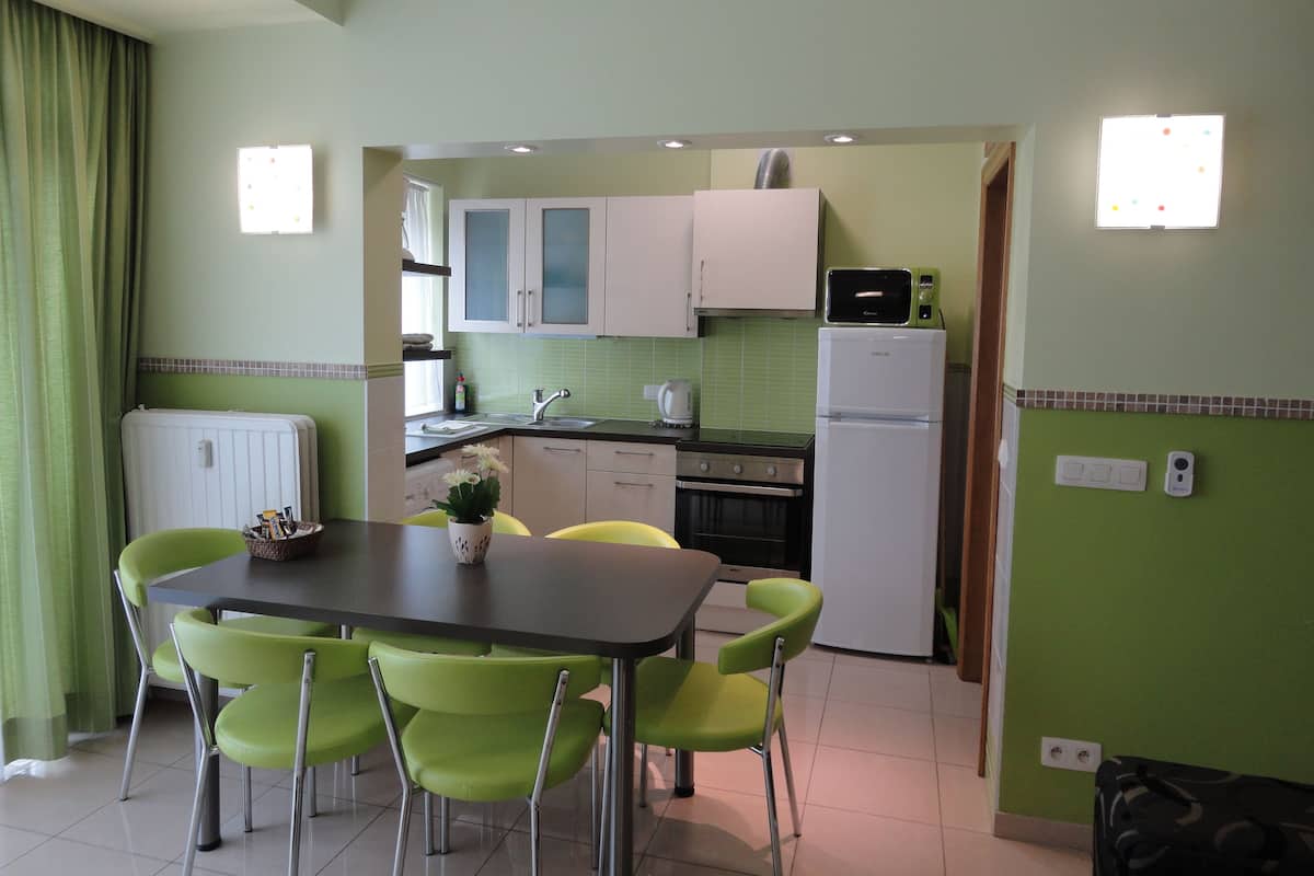 Cocina compacta con comedor, paredes verdes y servicios básicos.