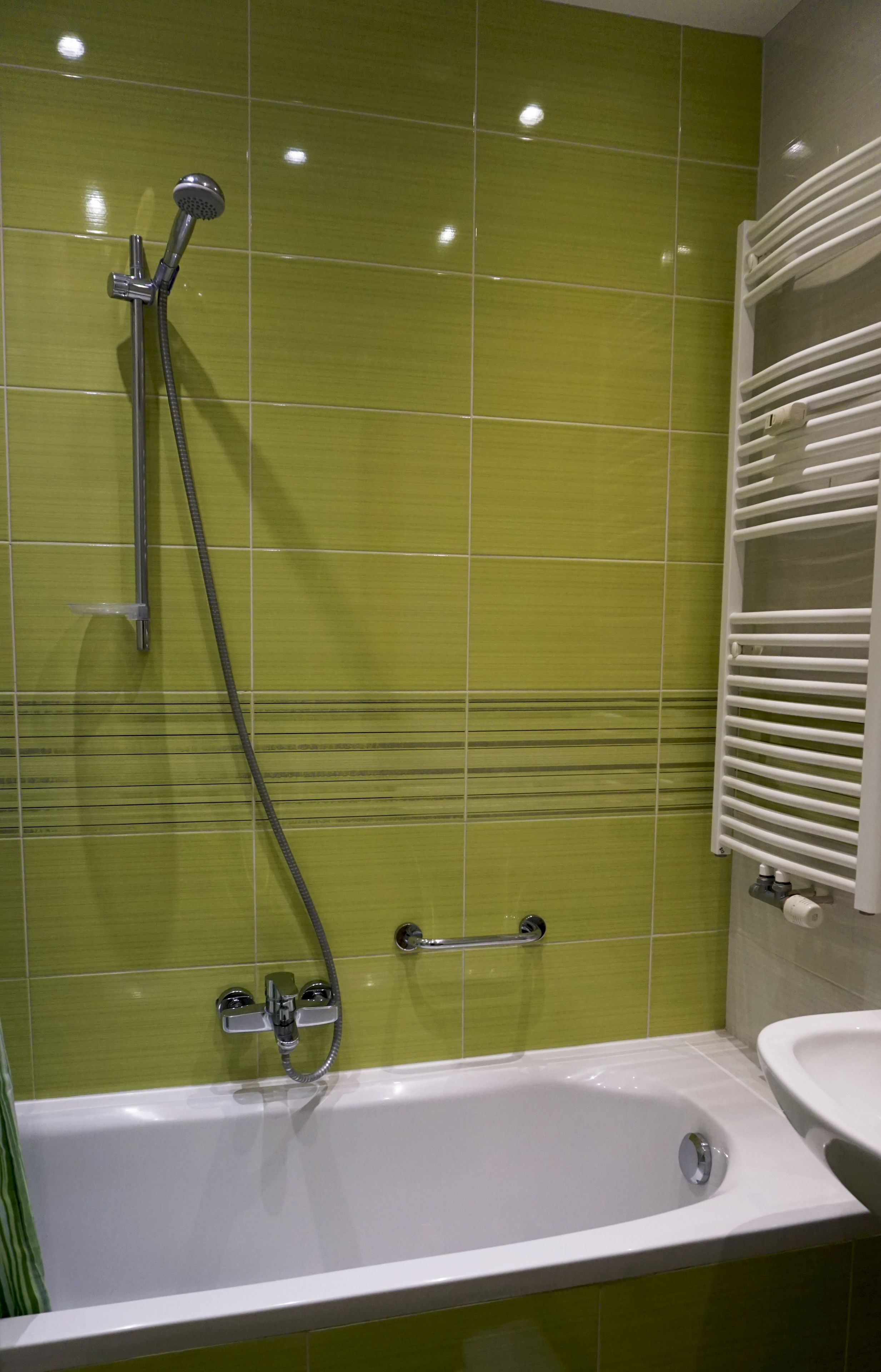 Une salle de bain équipée d’une baignoire, d’une douche et d’un porte-serviettes.