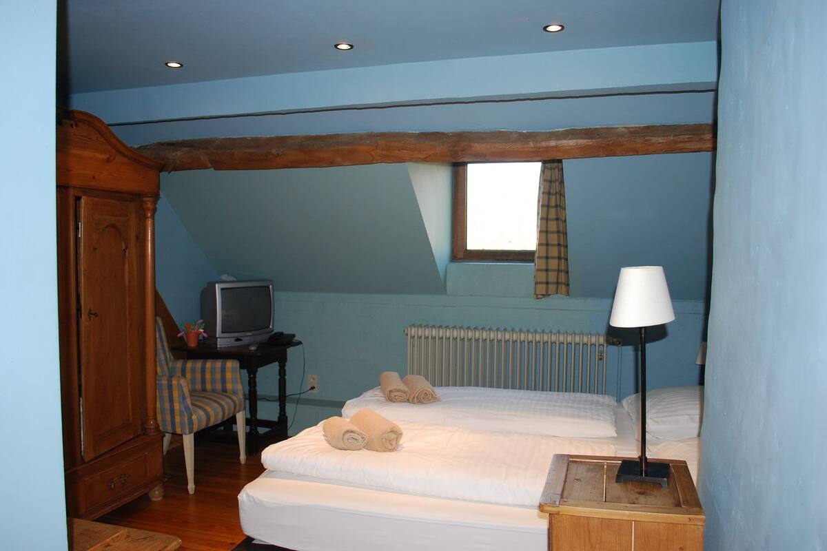 A bedroom with two beds, a wooden wardrobe, a television, a lamp, and a window with curtains.