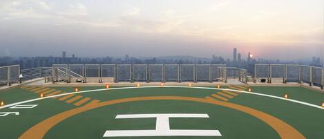 A sports field with a green surface and white markings, surrounded by a fence with a city skyline in the background.