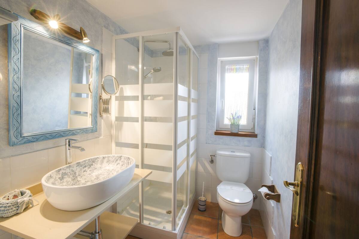Bañera con ducha, secador de pelo, toallas, jabón