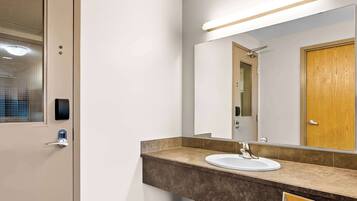 A bathroom with a white sink, a large mirror, and a wooden door.