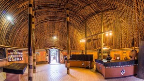 A room with a high, curved ceiling made of woven materials, a reception desk, and a display of items on the wall. - aha Shakaland (Eshowe)