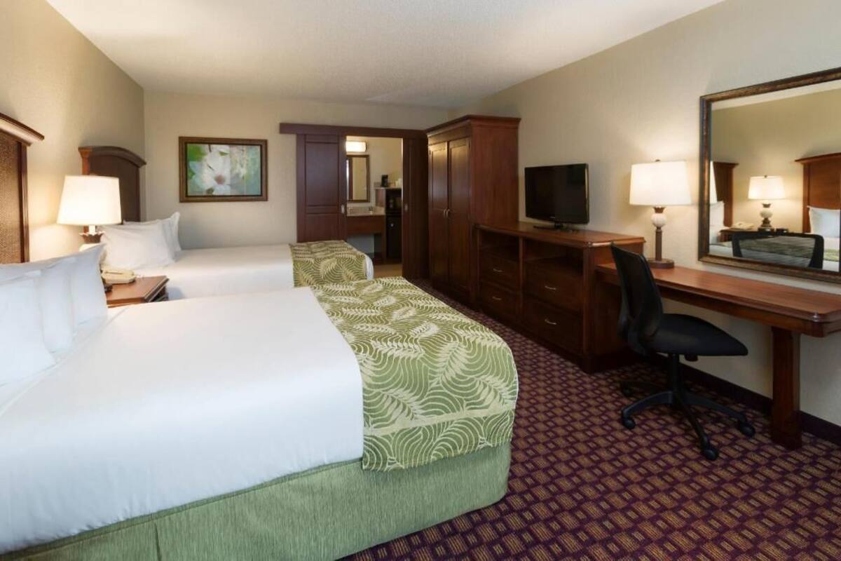 Une chambre d’hôtel avec deux lits, un bureau avec une chaise, une télévision et un miroir.