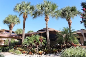 A resort with palm trees, a building with a brown roof, and a landscaped garden with various plants. - Rosen Inn at Pointe Orlando (Orlando)