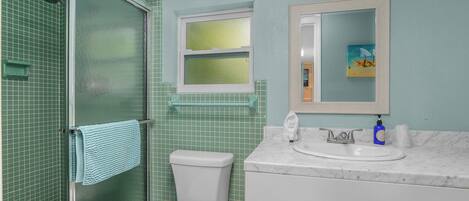 A bathroom with a glass shower enclosure, a toilet, a sink with a marble countertop, and a mirror with a framed artwork.