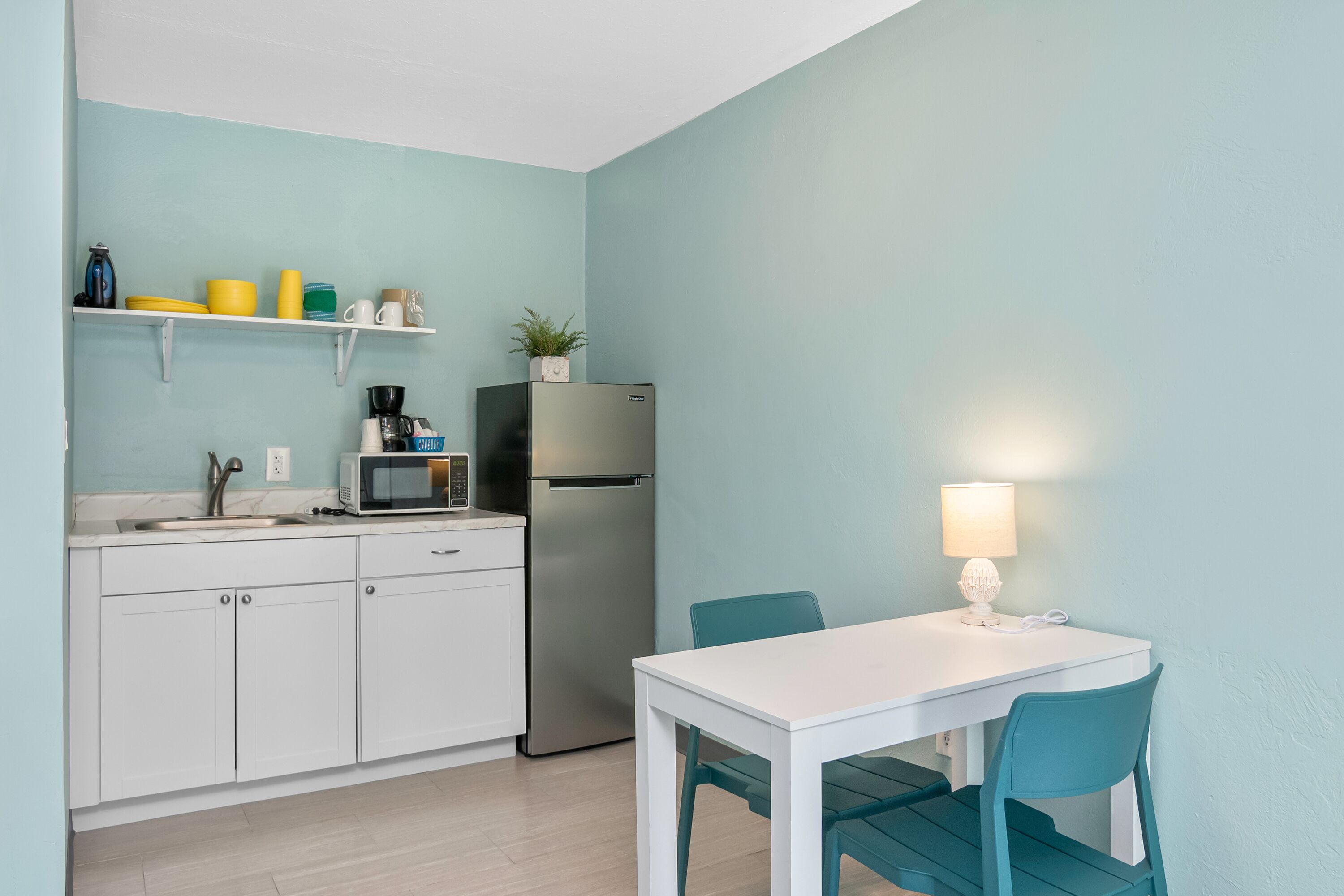 fridge, microwave, coffee/tea maker, toaster