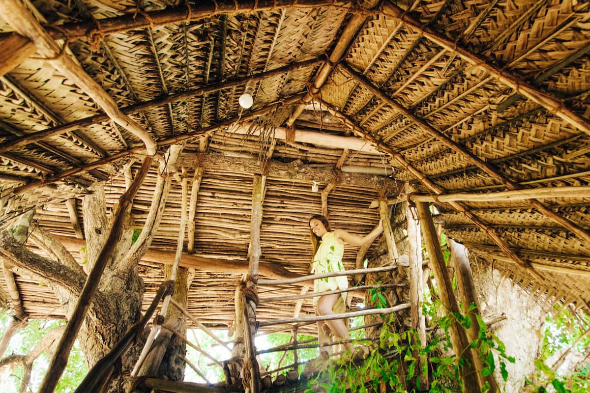 A traditional thatched roof structure with a central wooden beam and surrounding wooden supports.