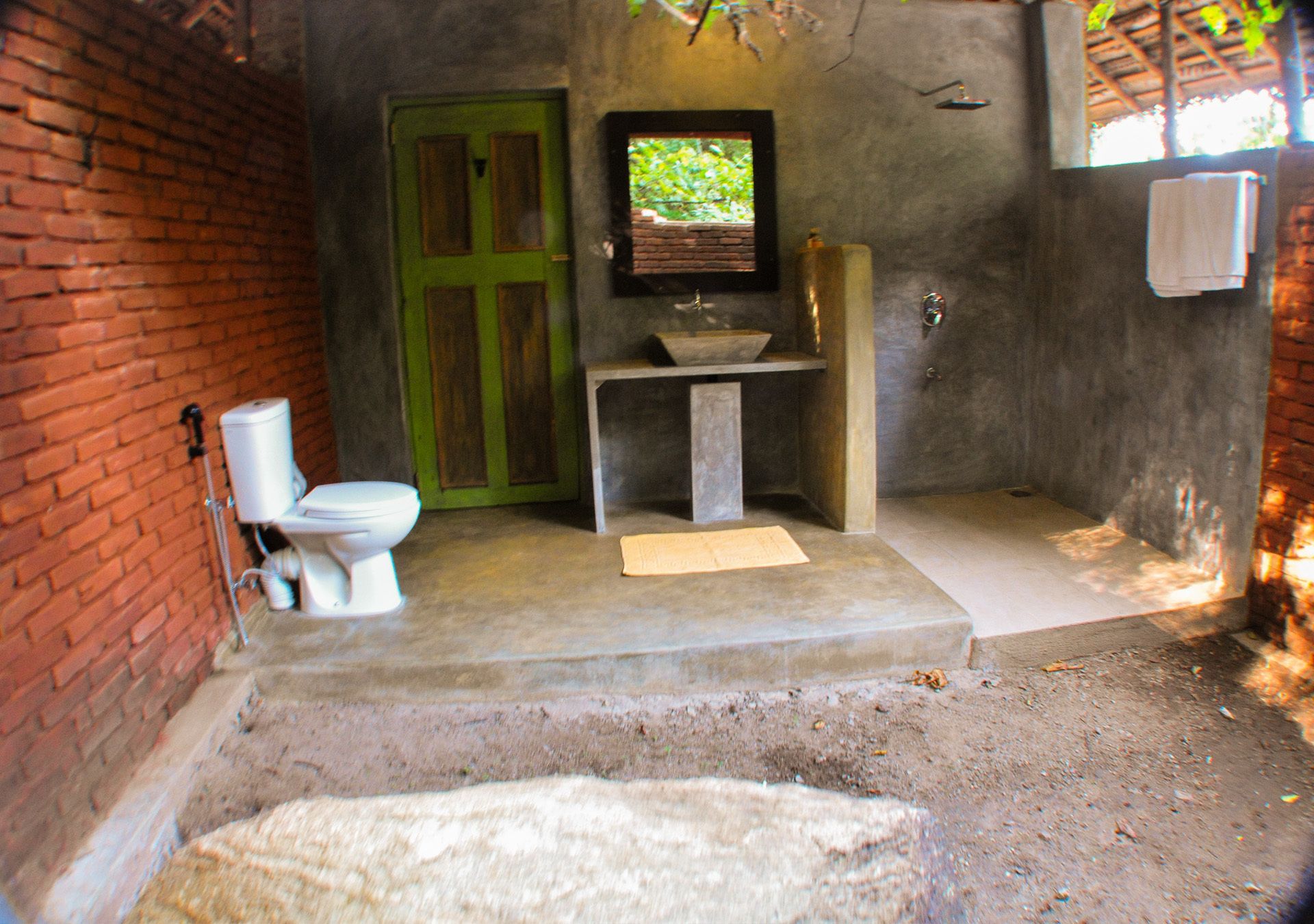 A rustic bathroom with a toilet, a sink, and a green door.