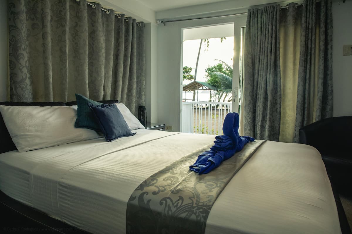 A hotel room with a bed, curtains, and a view of the outdoors.