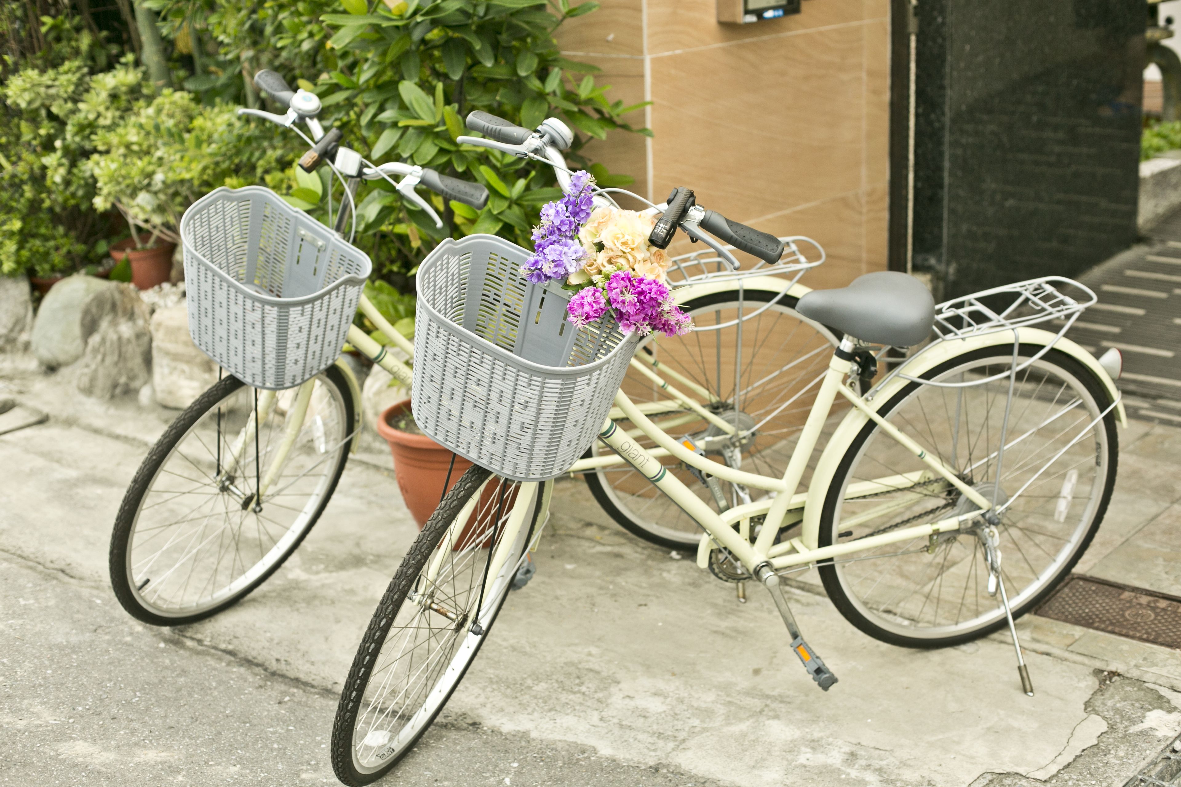 Un vélo équipé de deux paniers et agrémenté d’un arrangement floral, garé sur une surface en béton.