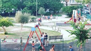 Un parque infantil con diferentes juegos, rodeado por una valla, árboles y un camino pavimentado.