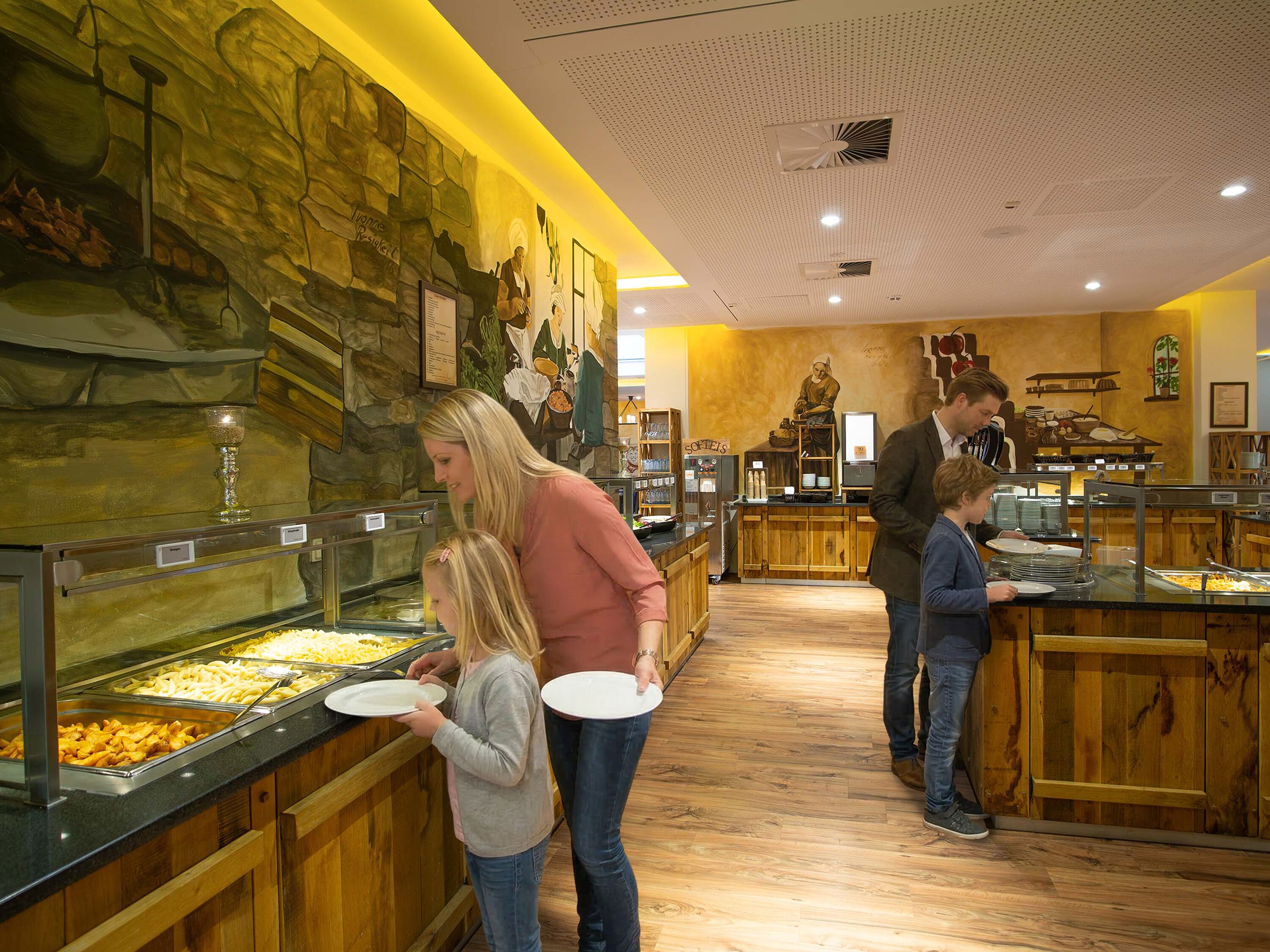 A buffet area with various food options, a wooden counter, and a mural on the wall.