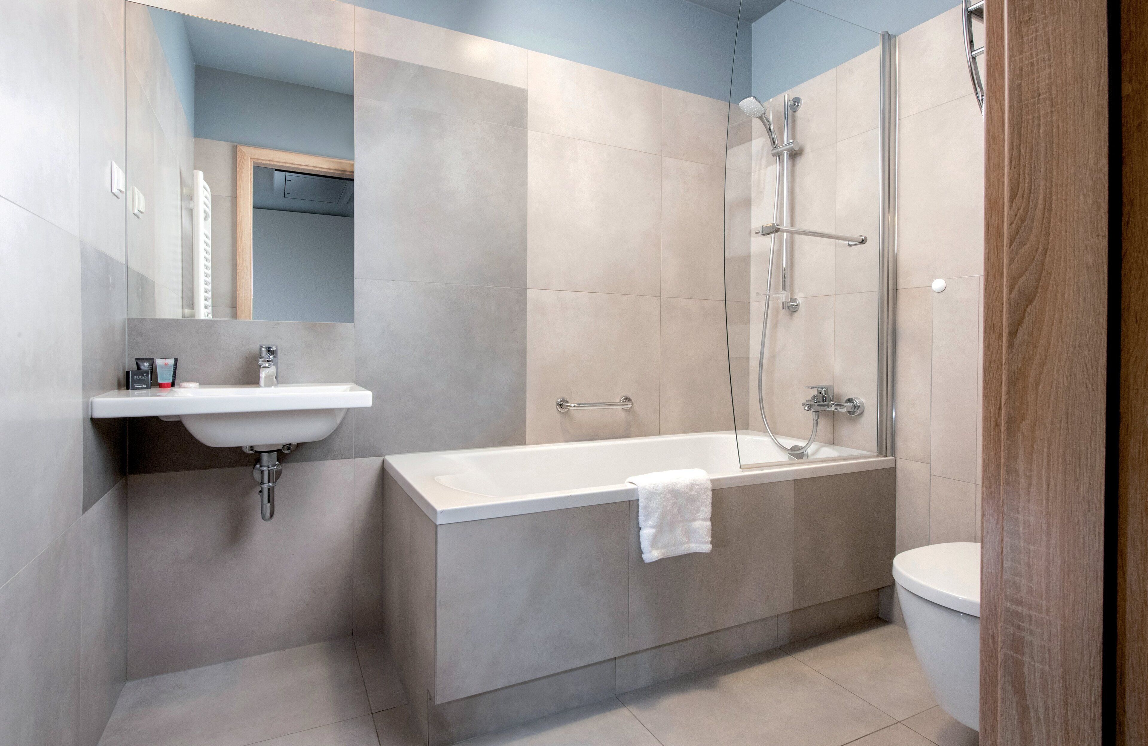 deluxe room | bathroom | shower, free toiletries, hair dryer, towels