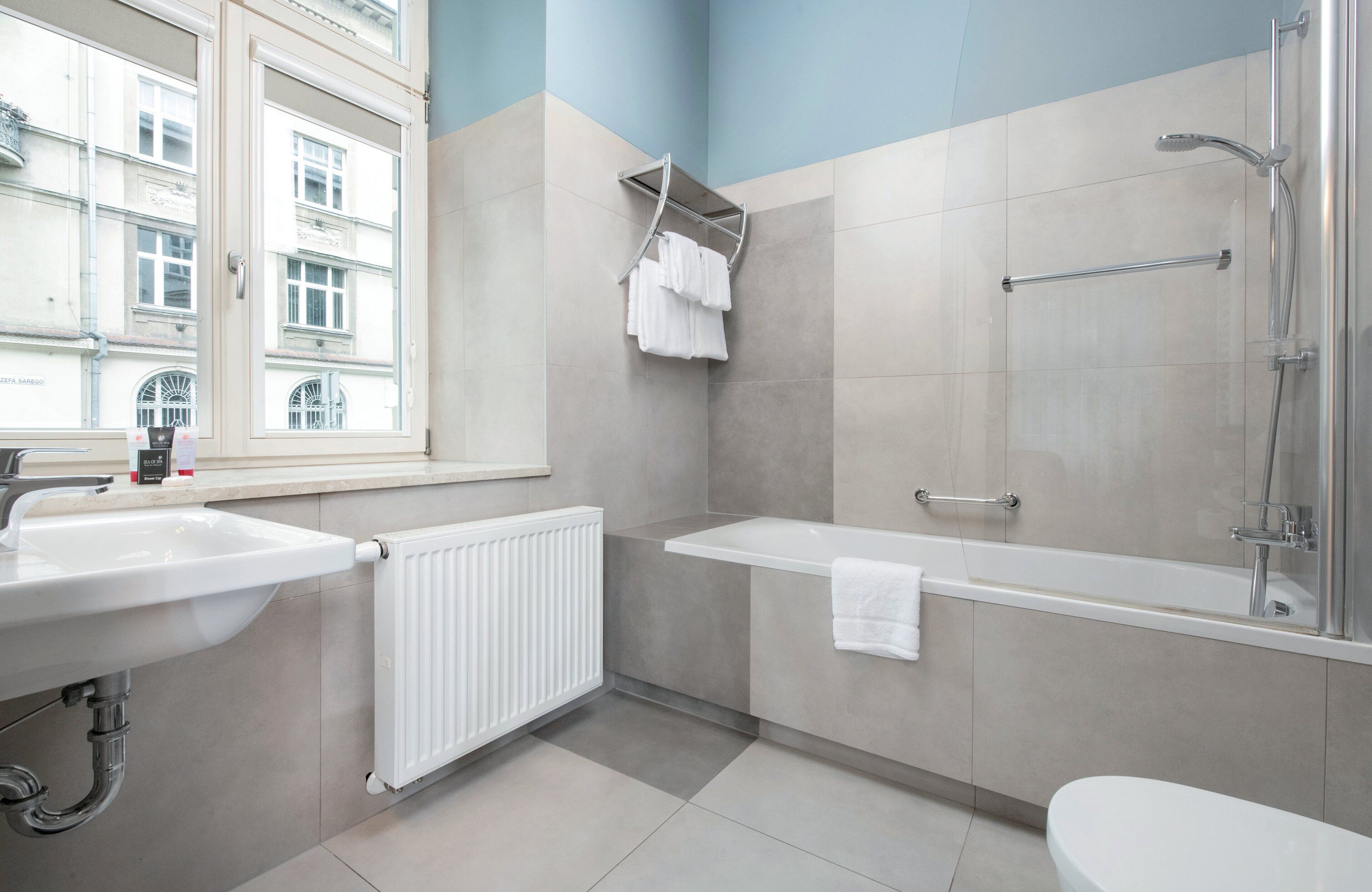 deluxe room | bathroom | shower, free toiletries, hair dryer, towels