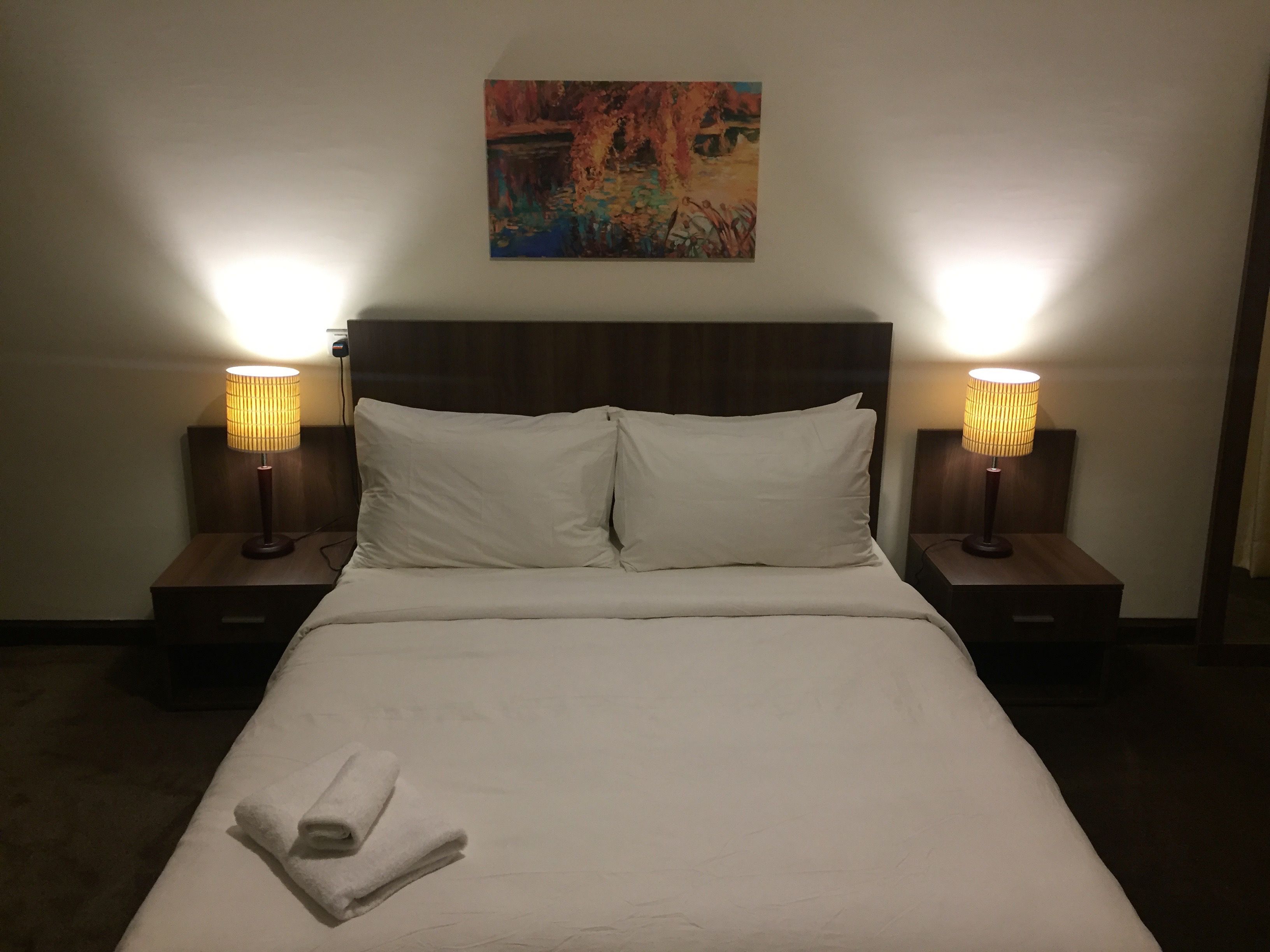 Une chambre d’hôtel avec un grand lit, deux lampes de chevet et un tableau au mur.