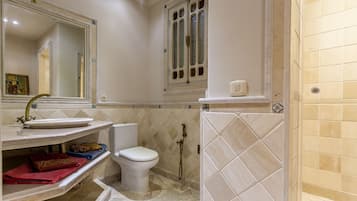 A bathroom with a sink, toilet, and shower area.