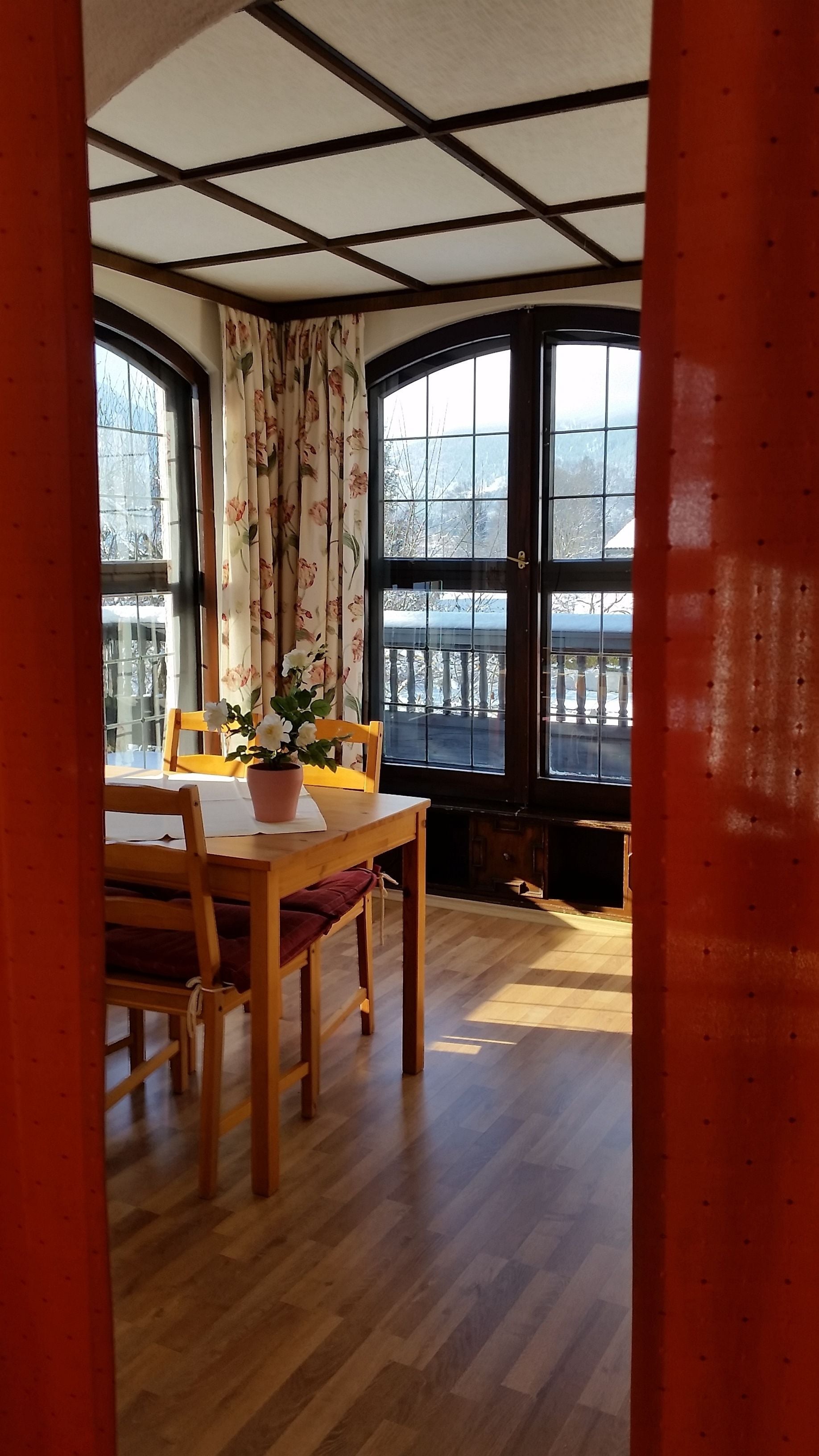 A dining area with a wooden table, chairs, and a potted plant. Large windows with black frames provide views of the outside.