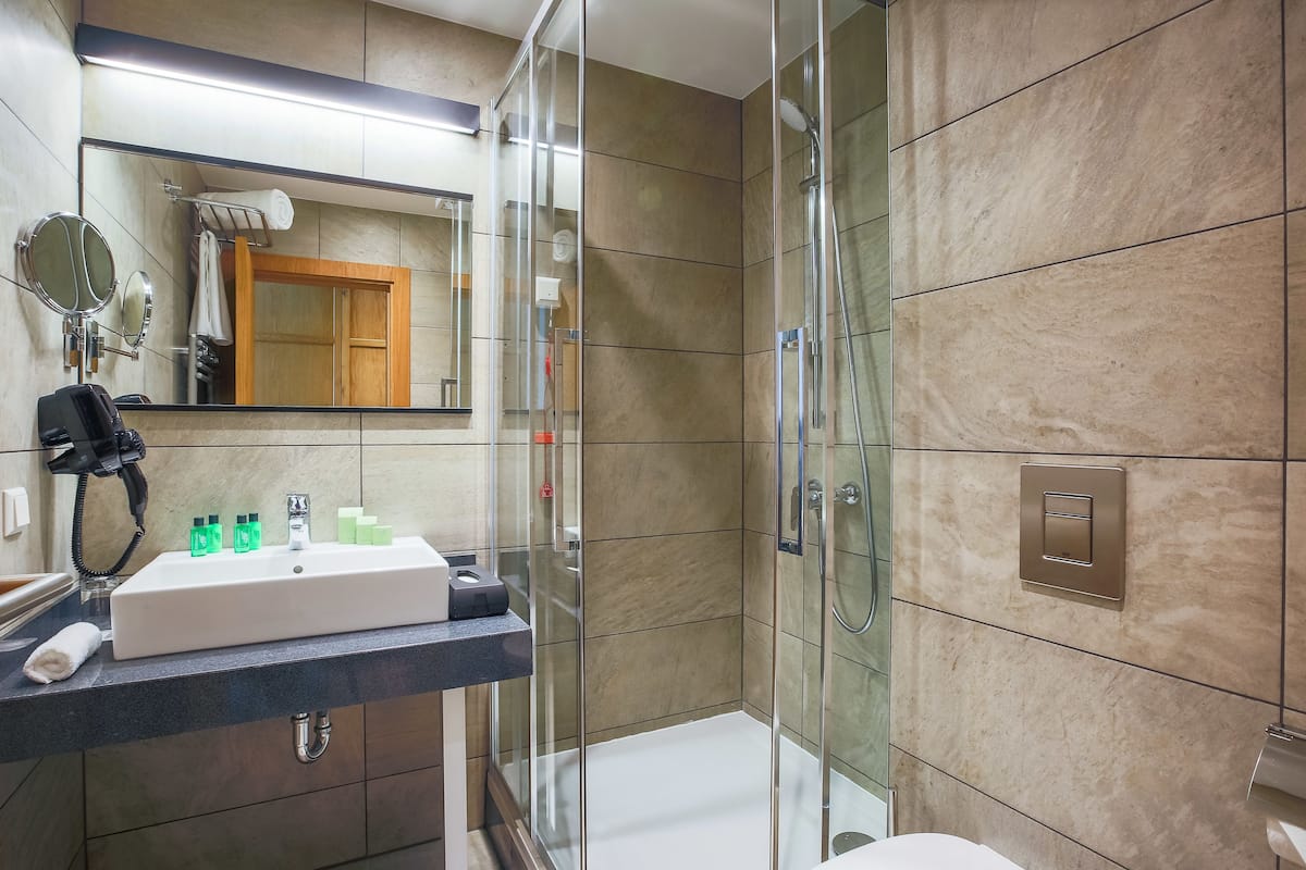 economy double room | bathroom | shower, free toiletries, hair dryer, bathrobes