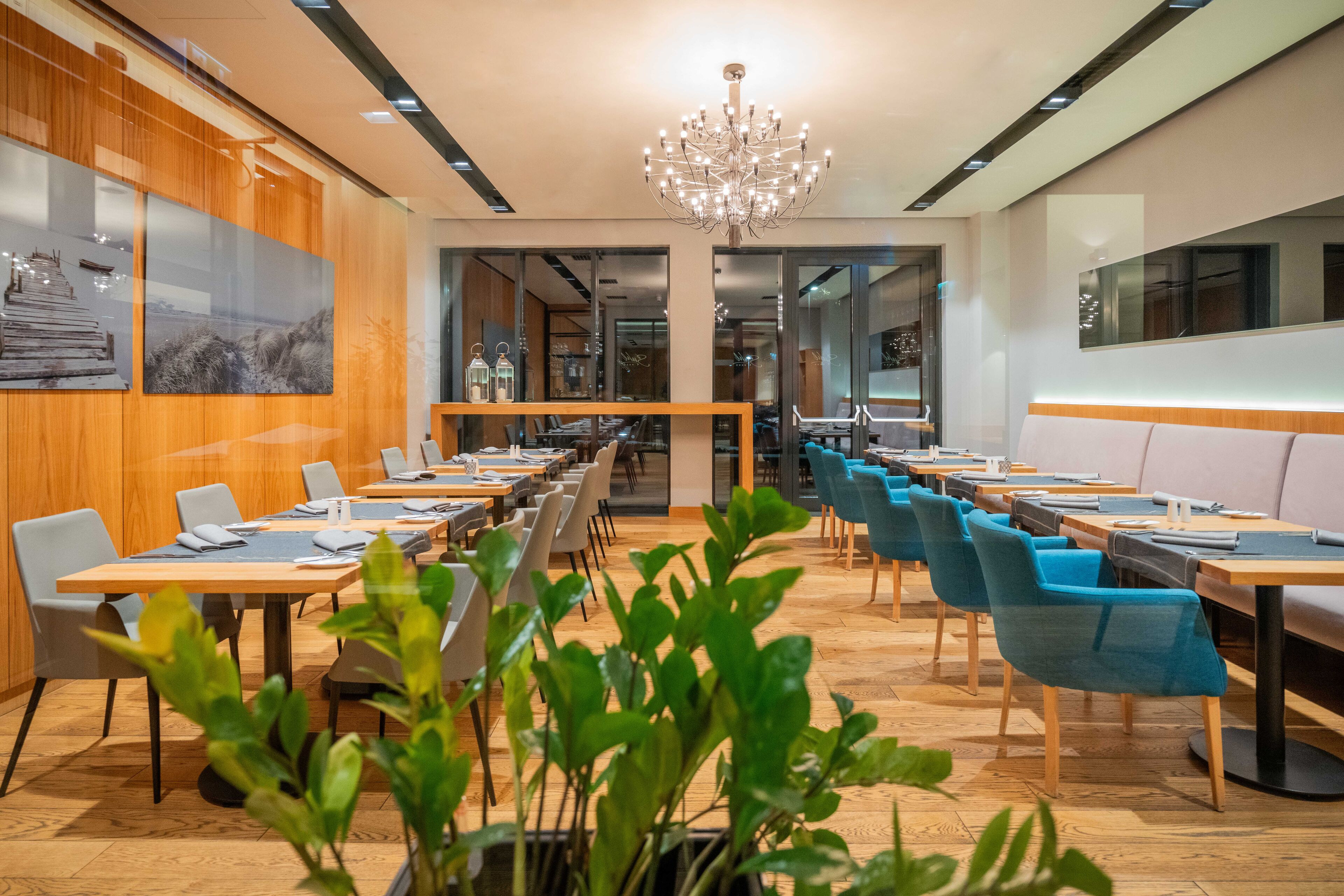 A modern dining area with wooden tables, blue chairs, and a chandelier.