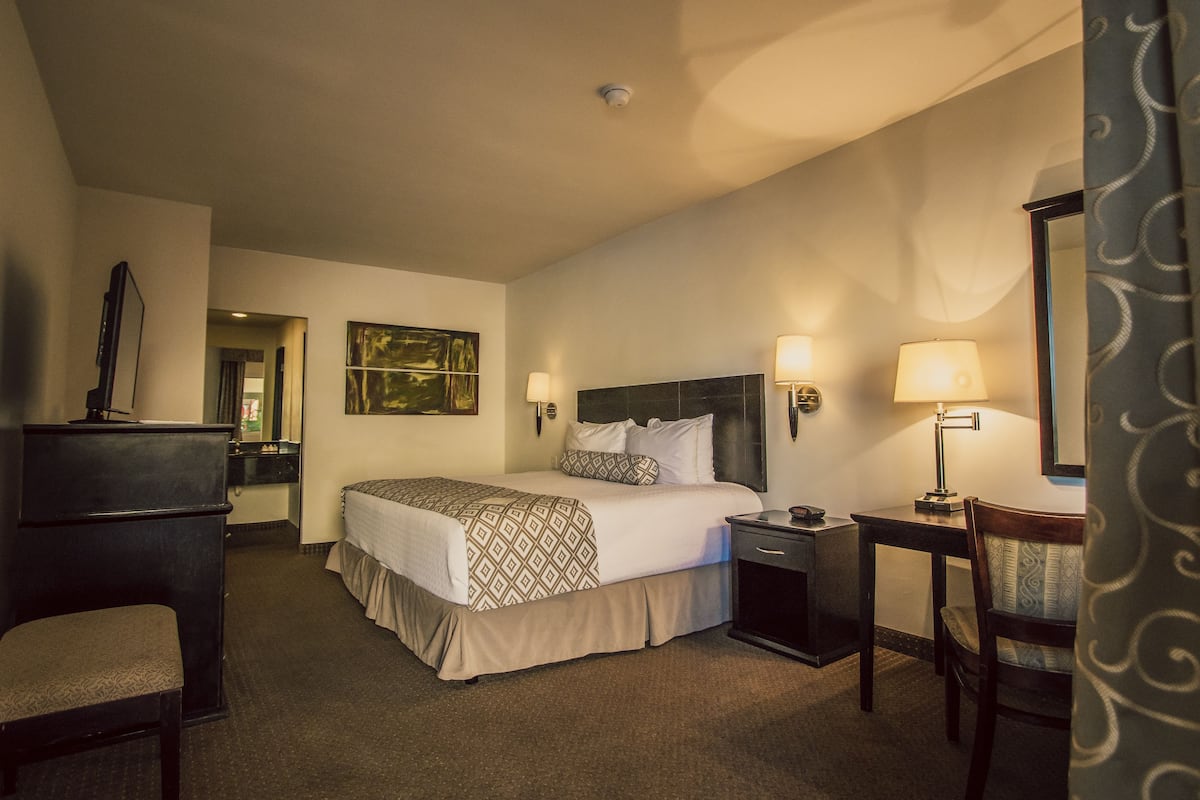 A hotel room with a bed, bedside tables, a desk, a chair, a dresser, and a mirror.