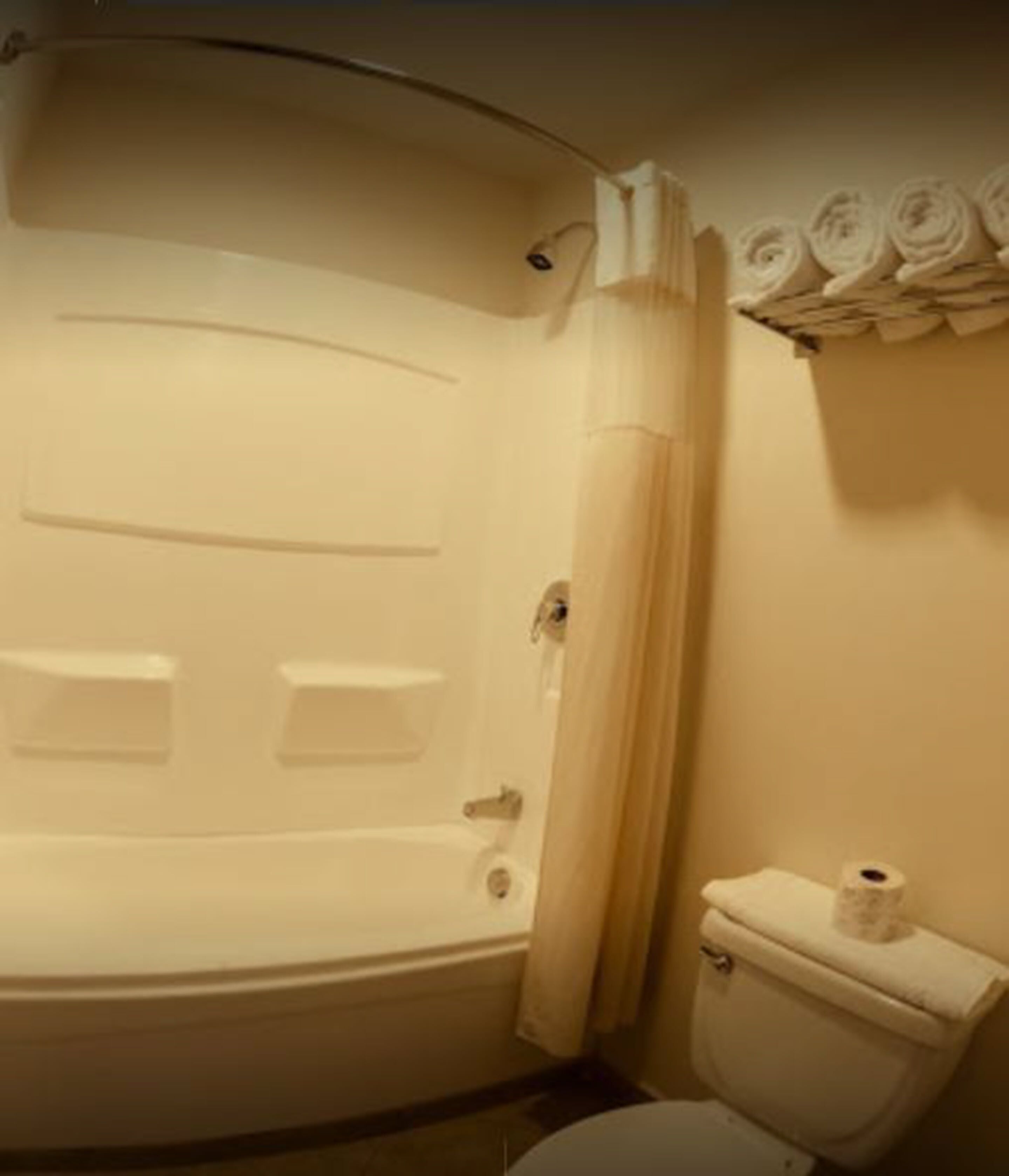 Ein Badezimmer mit Badewanne, Toilette und einem Handtuchhalter mit Handtüchern.