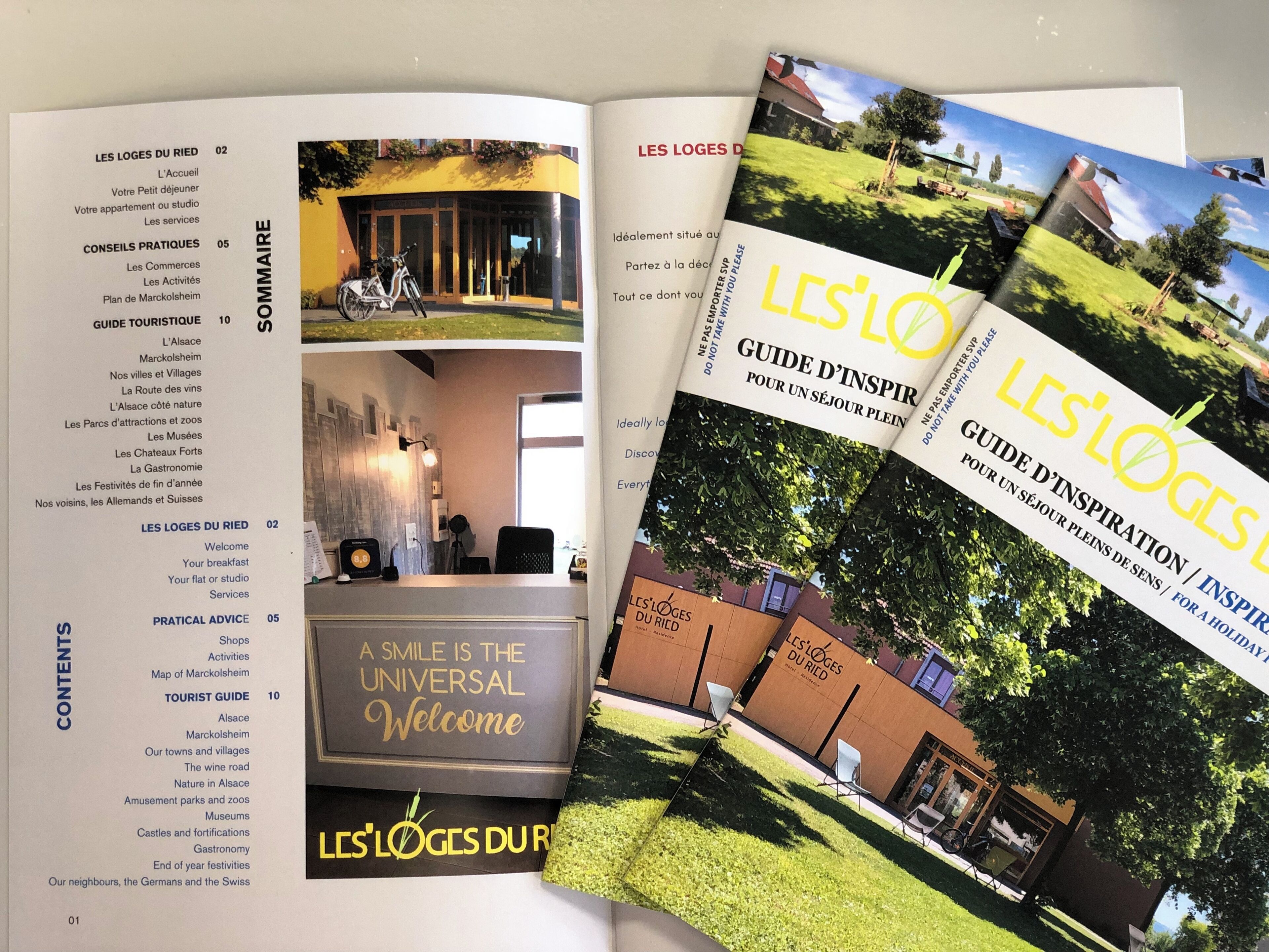 A brochure with a welcome message, a list of practical advice, and tourist guide sections.