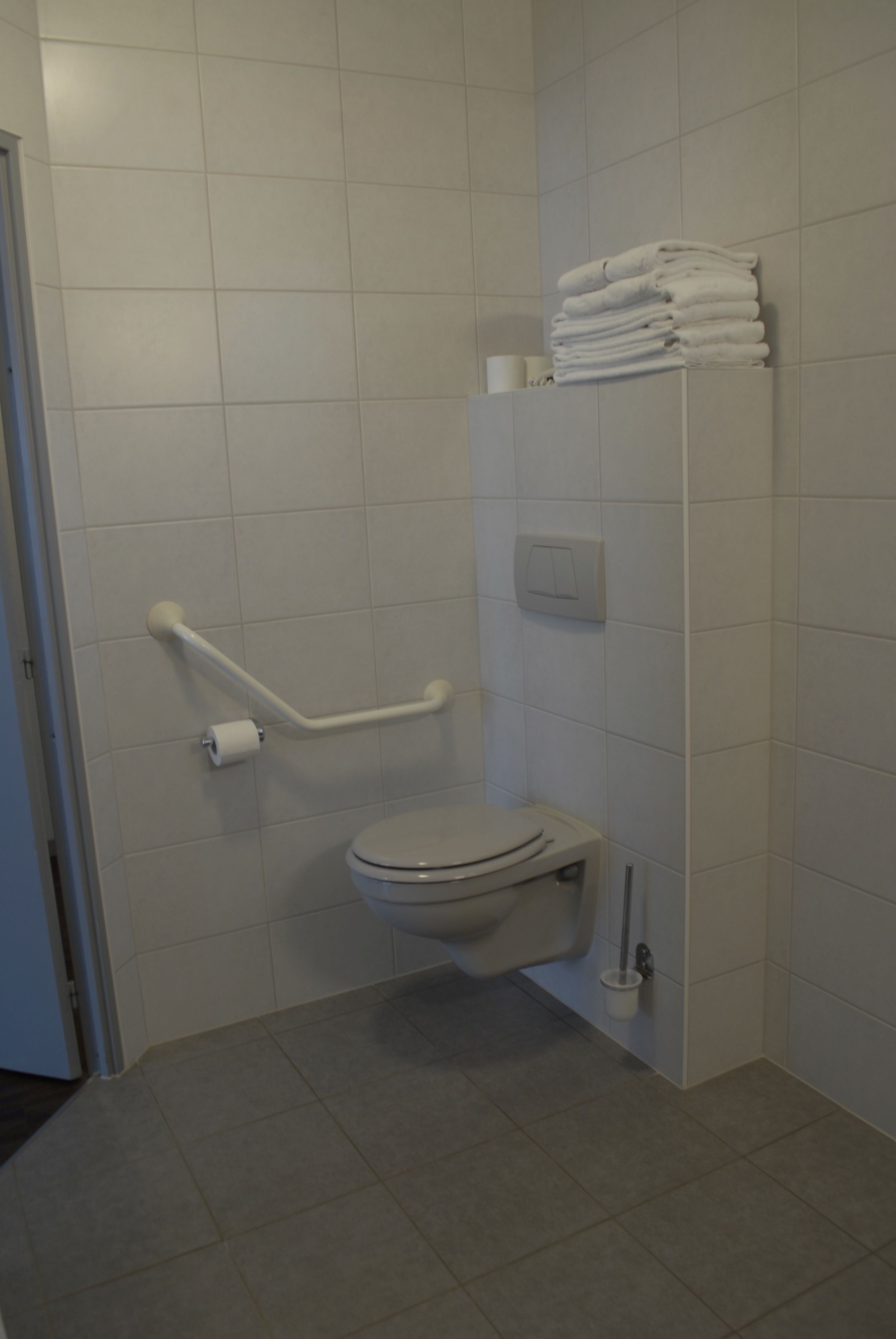 A bathroom with a toilet, grab bars, a towel rack, and a toilet paper holder.