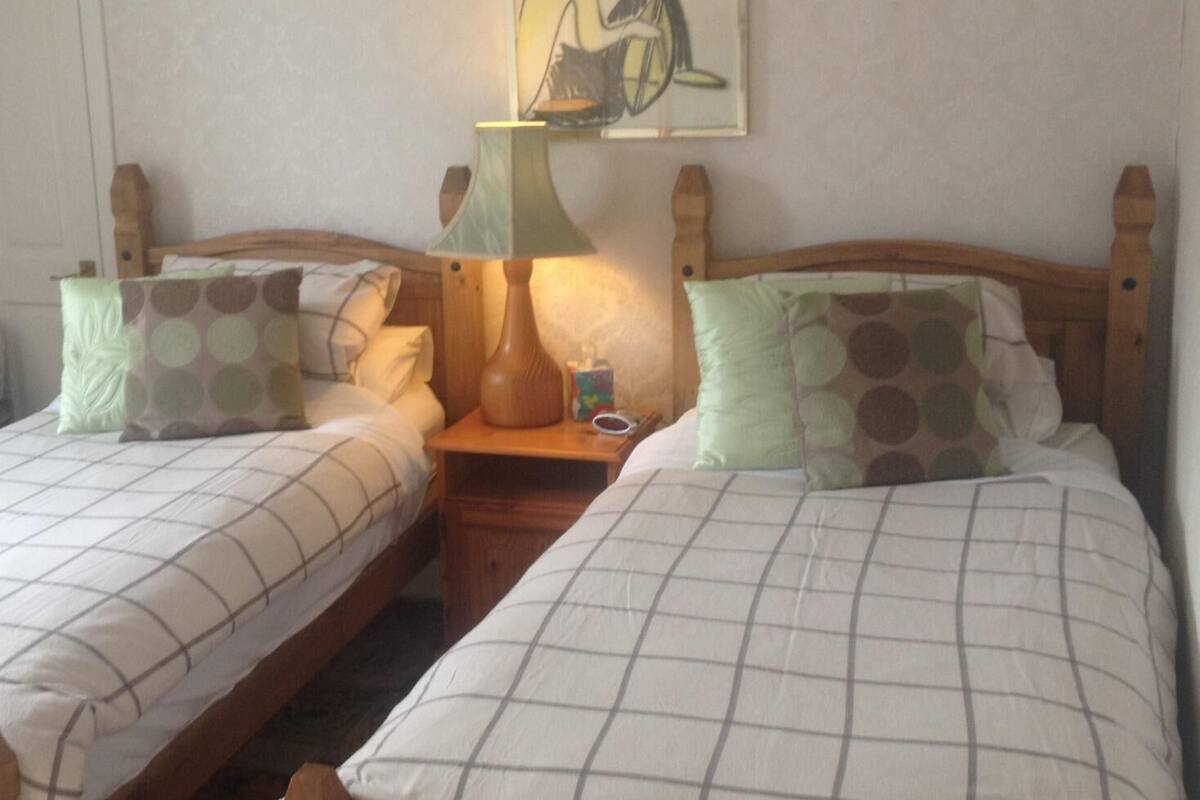 A room with two wooden beds, each with a pillow and a bedside table. A lamp is on the table, and a painting hangs on the wall.