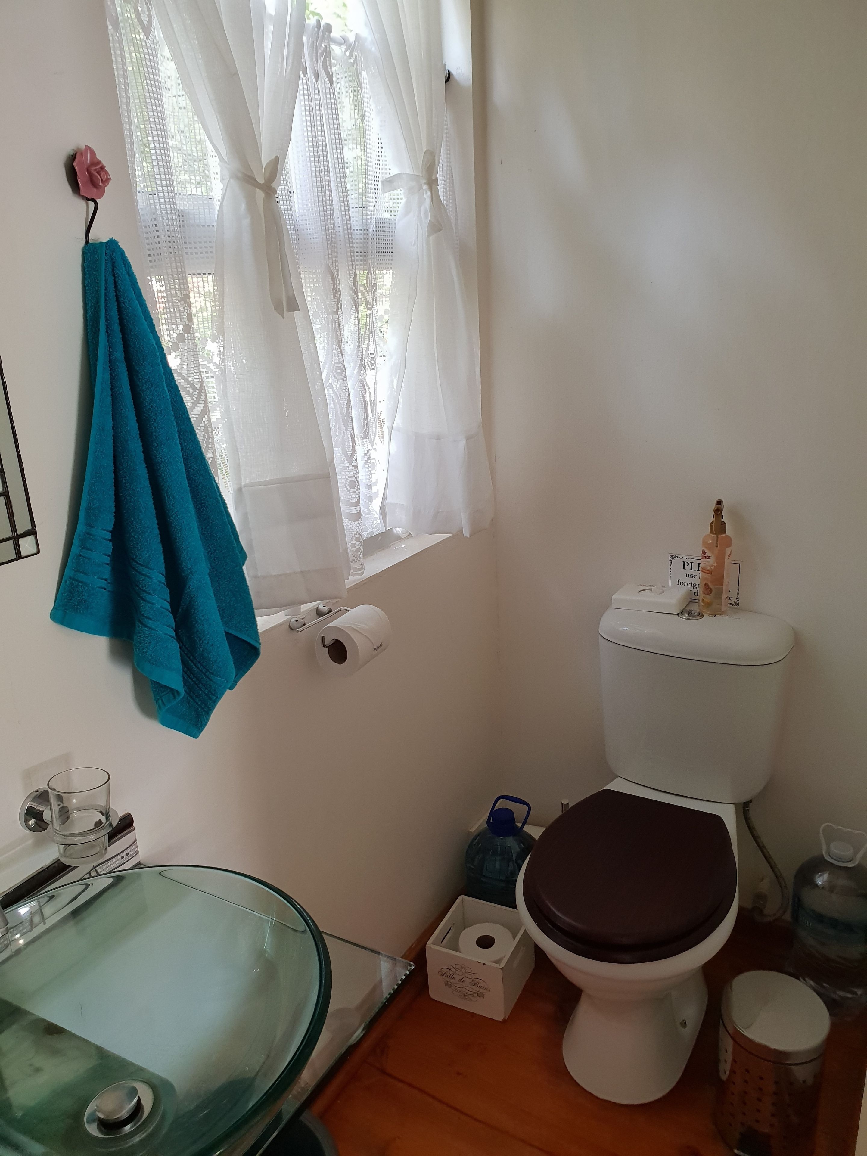 A bathroom with a glass sink, a toilet, and a window with sheer curtains.