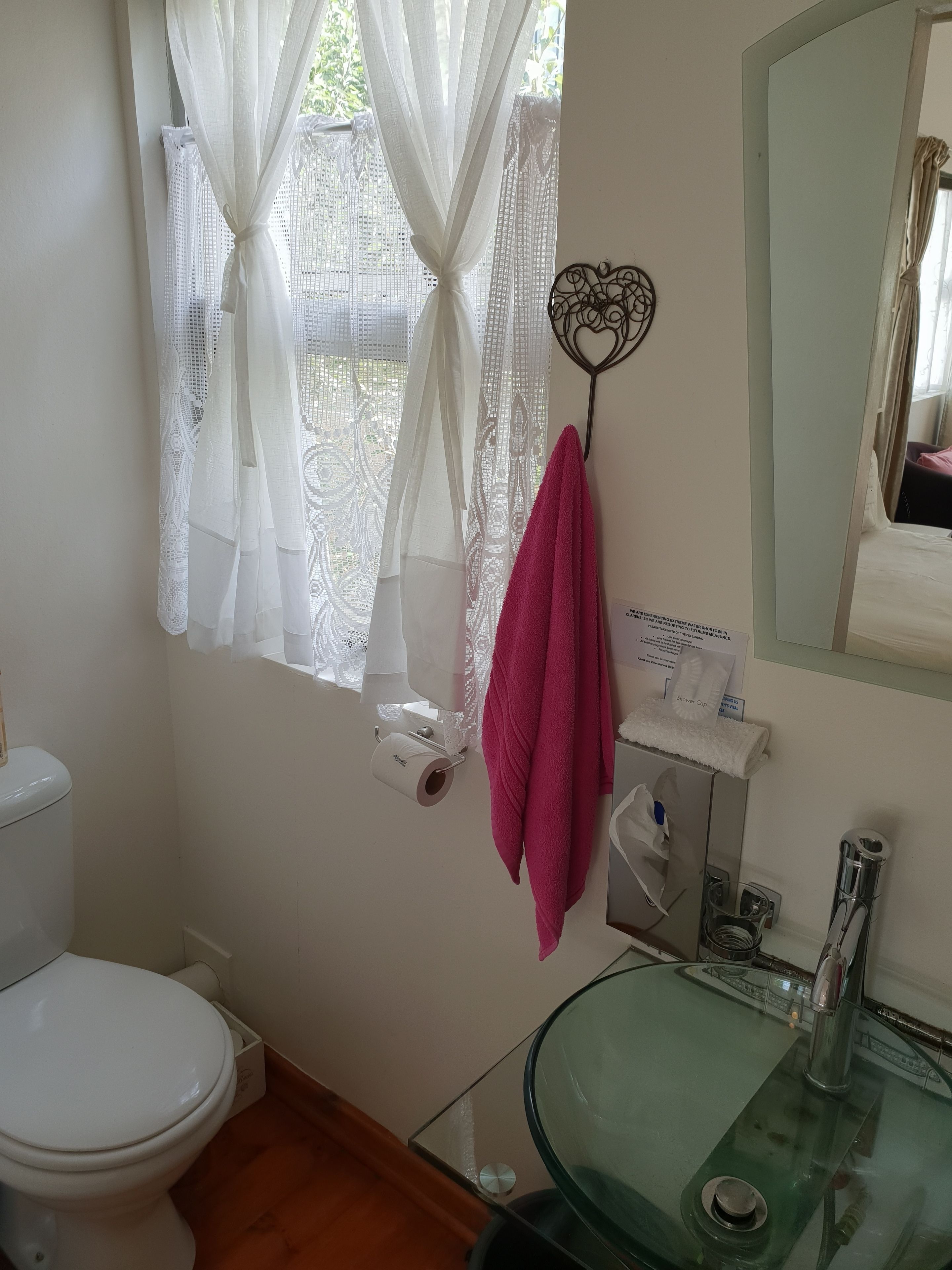 A bathroom with a toilet, a glass sink, a mirror, and a window with lace curtains.