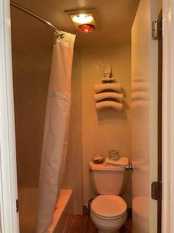 Combined shower/bathtub, free toiletries, towels. Budget Motel